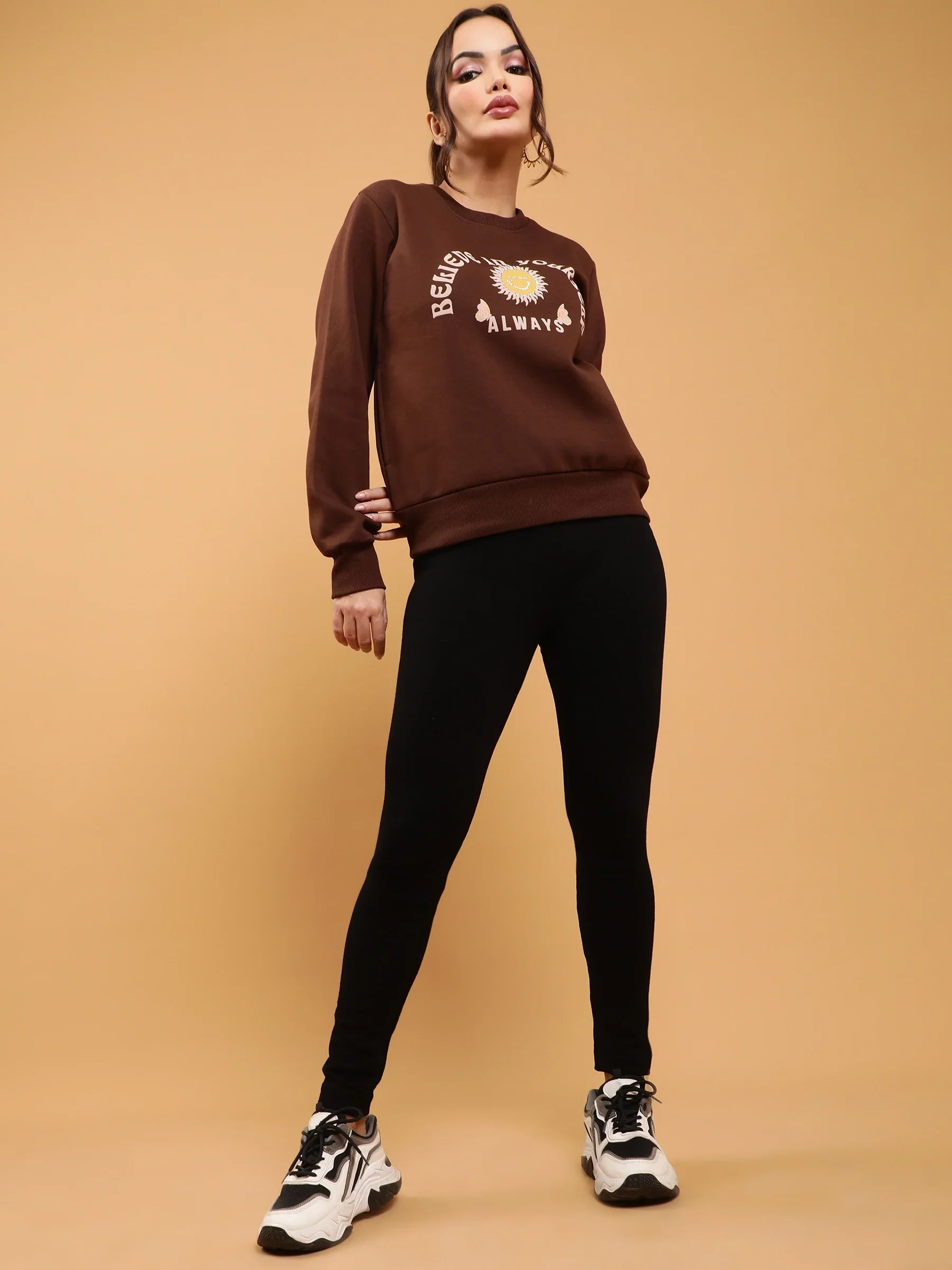 Brown Believe in Yourself Regular Fit Fleece Sweatshirt - Image 3