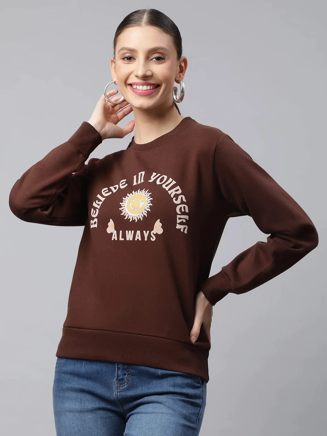 Brown Believe in Yourself Regular Fit Fleece Sweatshirt - Image 4
