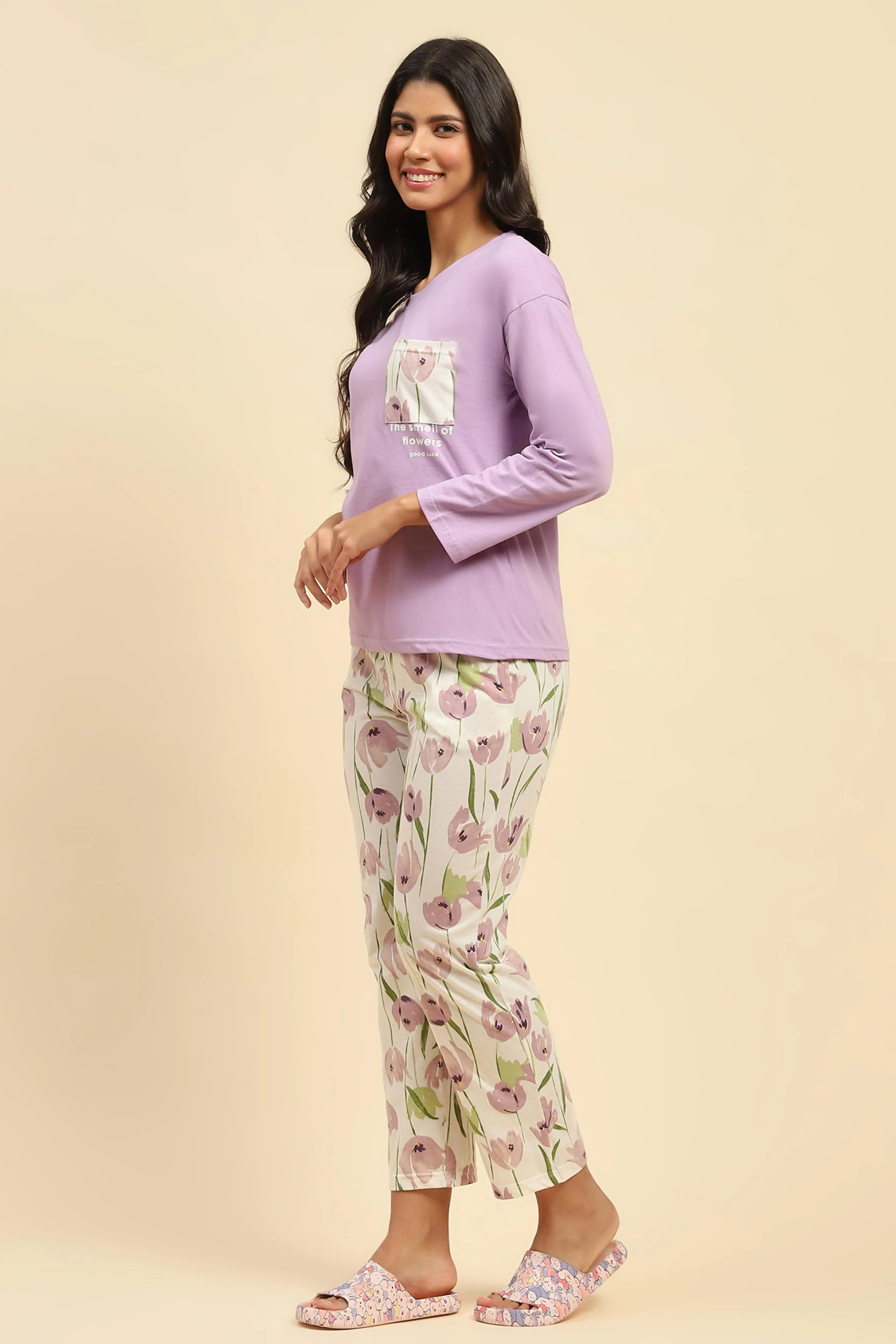 Lavender Floral Cotton Nightsuit - Image 2