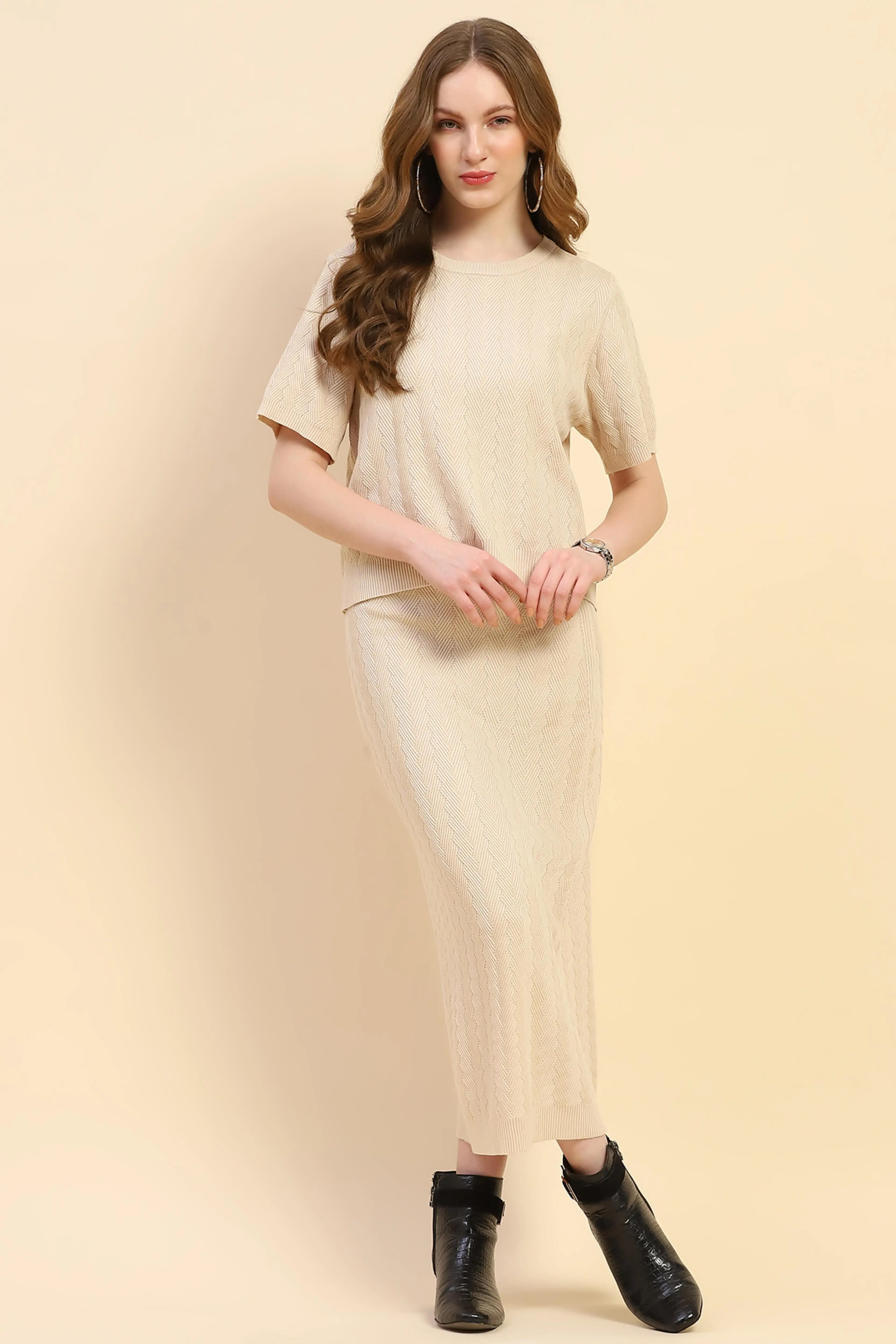 Beige Solid Viscose Blend Co-ord Set