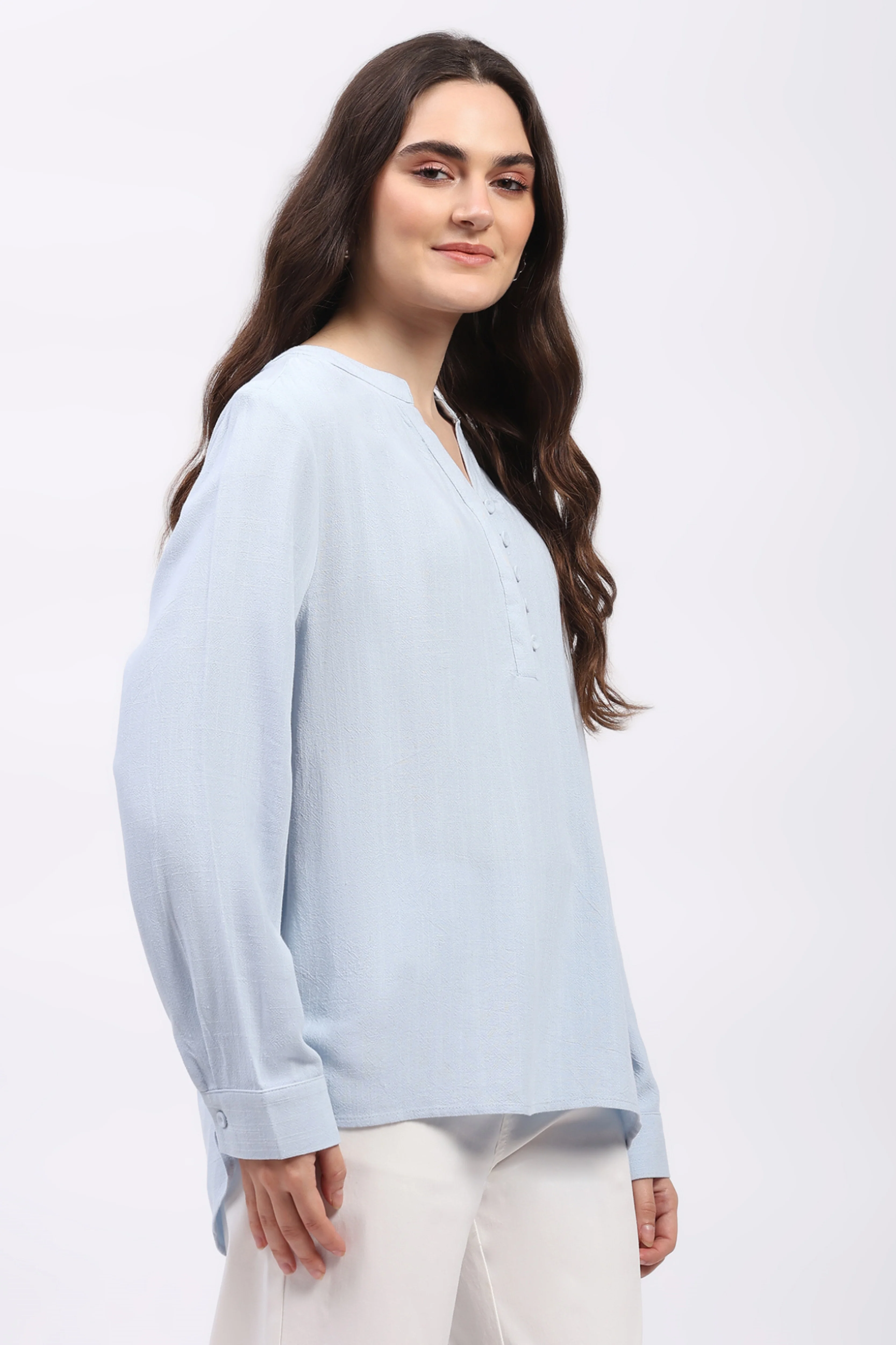 Light Blue Cotton Linen Blouson Top - Image 3