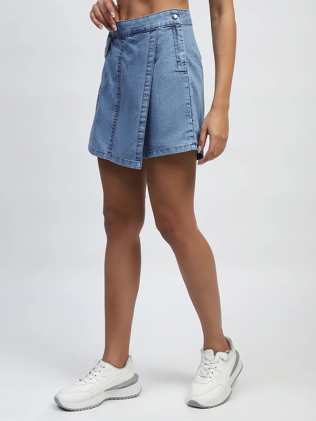 Light Blue Solid Cotton Blend Skorts - Image 11