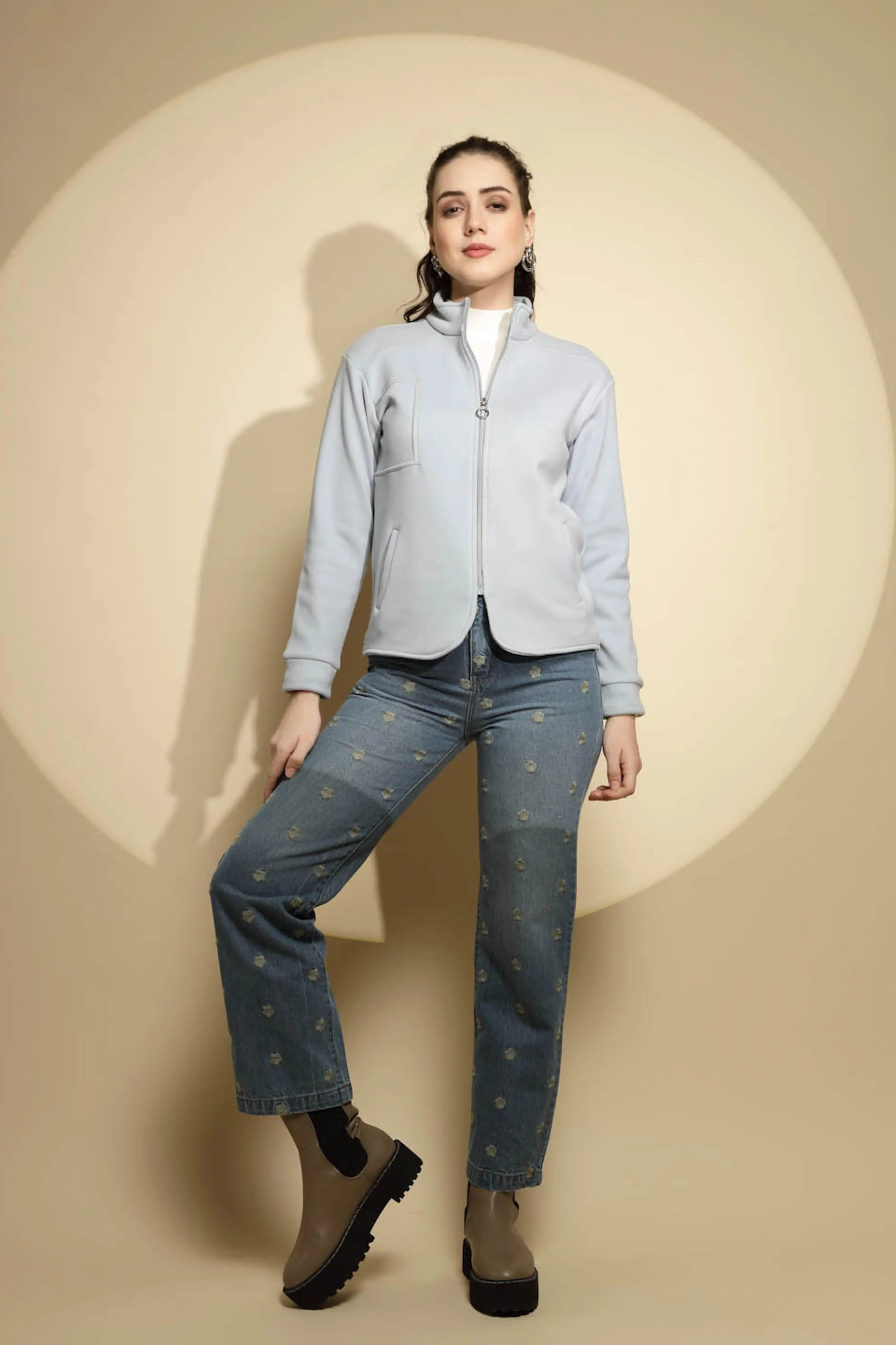 Light Blue Solid Full Sleeve Turtle Neck Fleece Sweatshirt - Image 6