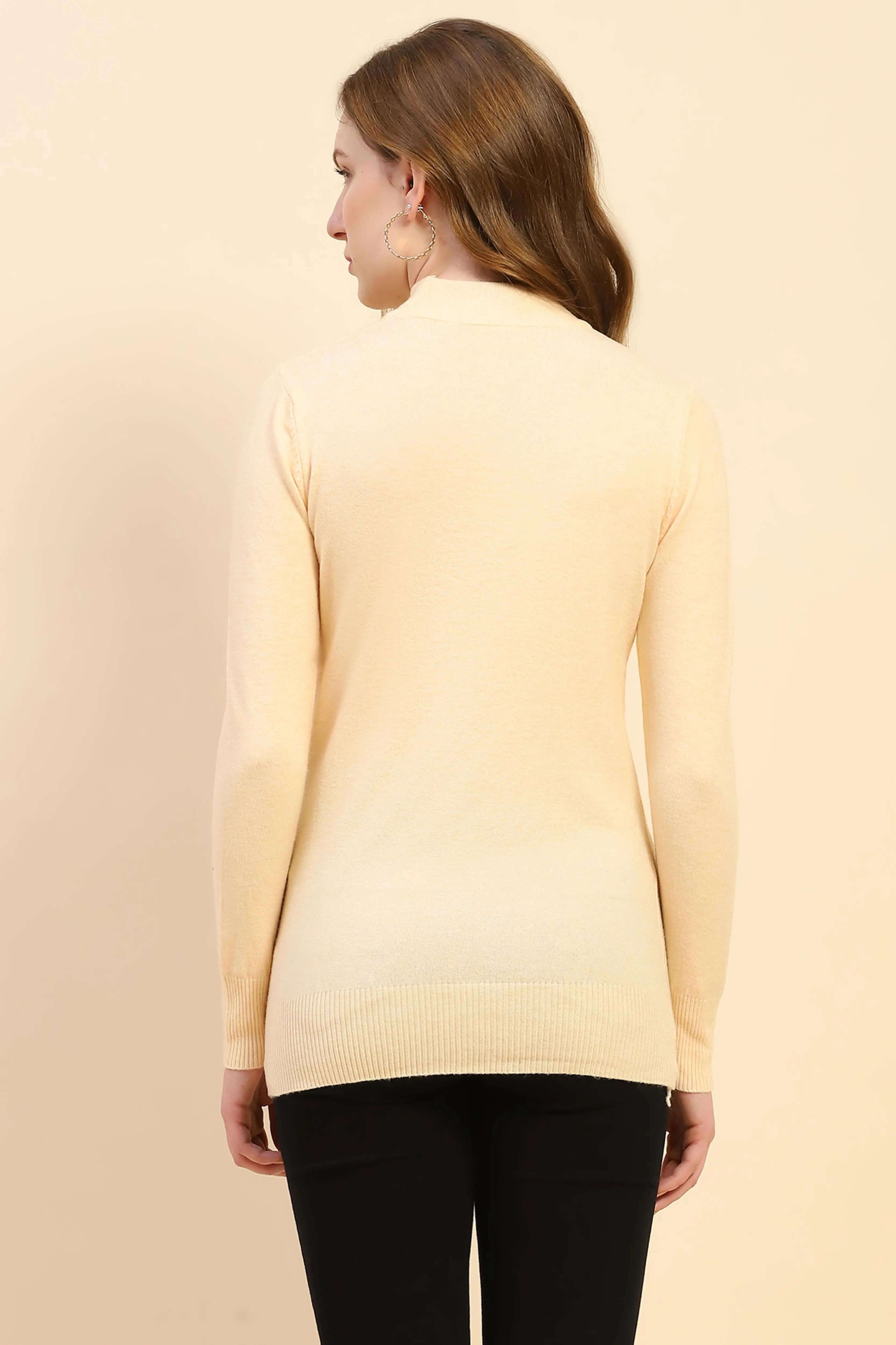 Cream Solid Wool Blend Pullover - Image 4