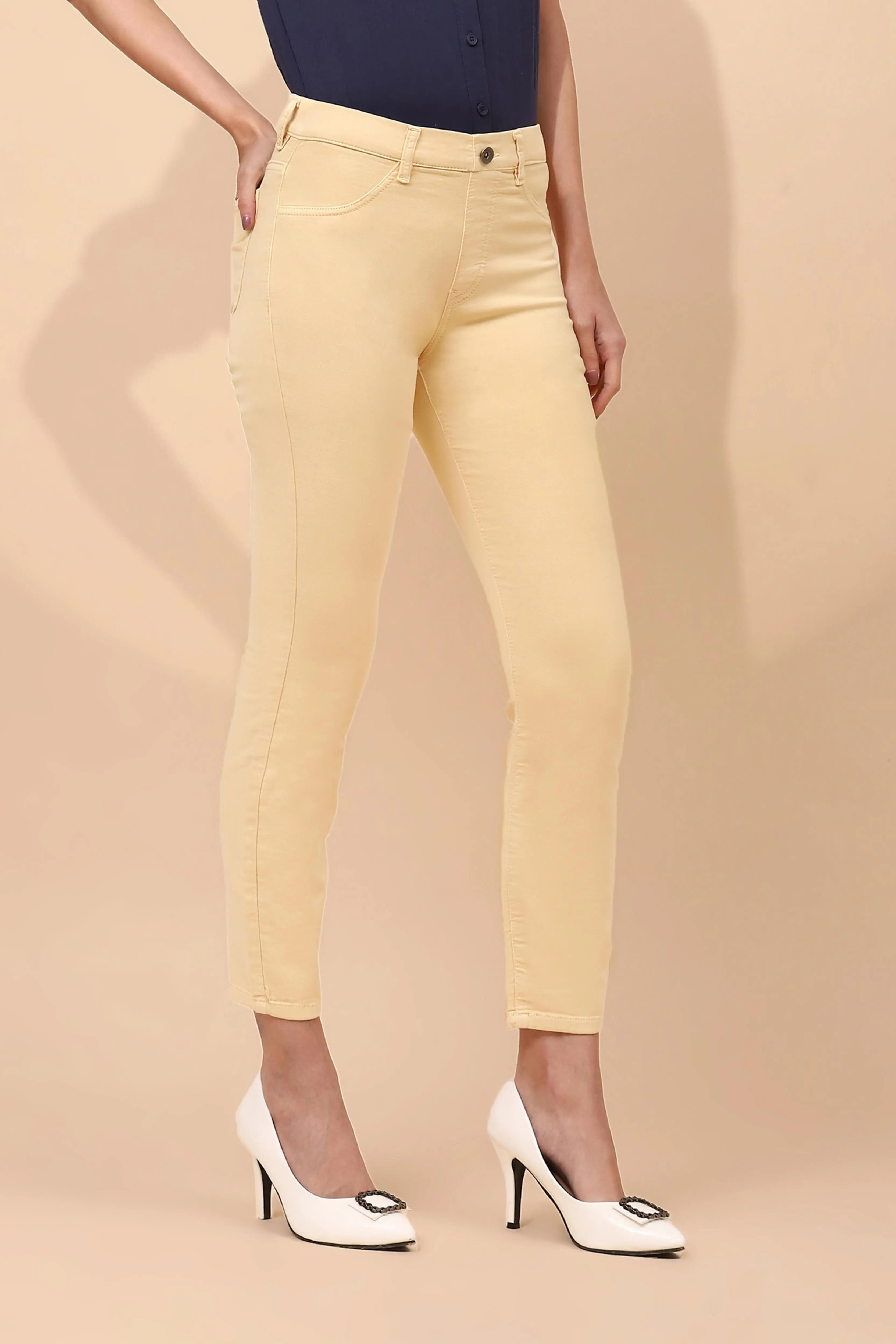 Yellow Cotton Blend Slim Jegging - Image 3