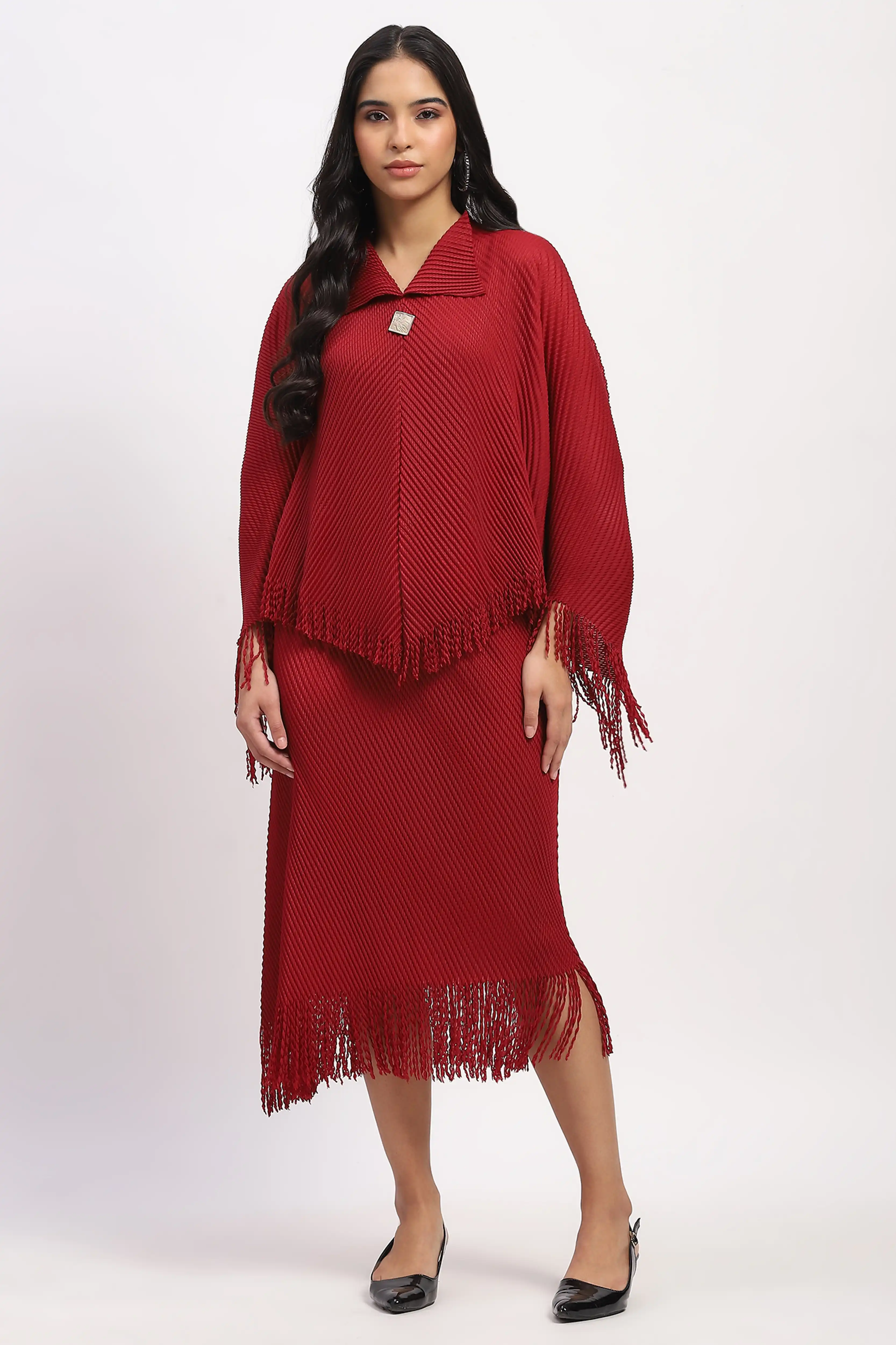Maroon Bohemian Frayed Edge Top & Skirt Set - Image 2