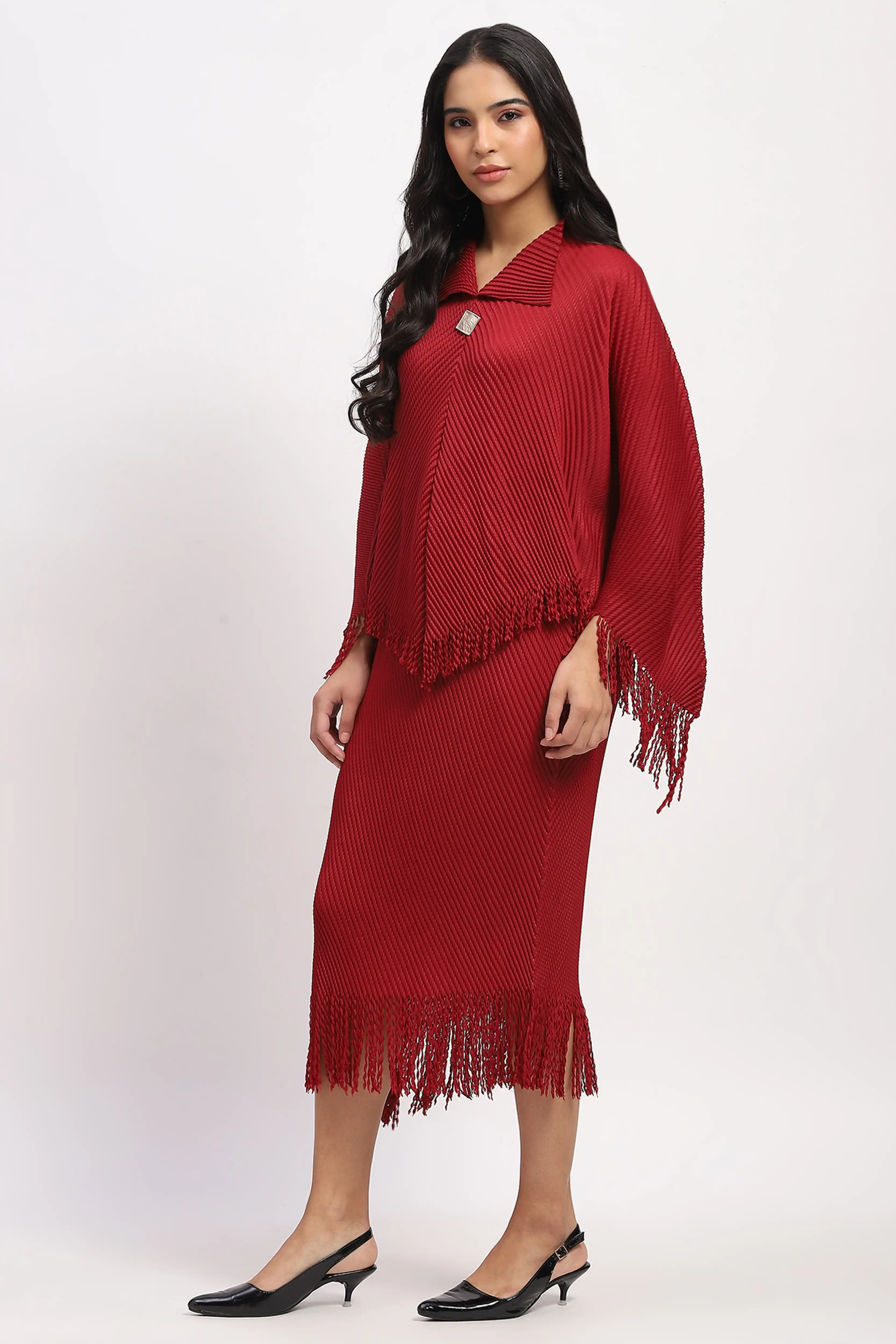 Maroon Bohemian Frayed Edge Top & Skirt Set - Image 4