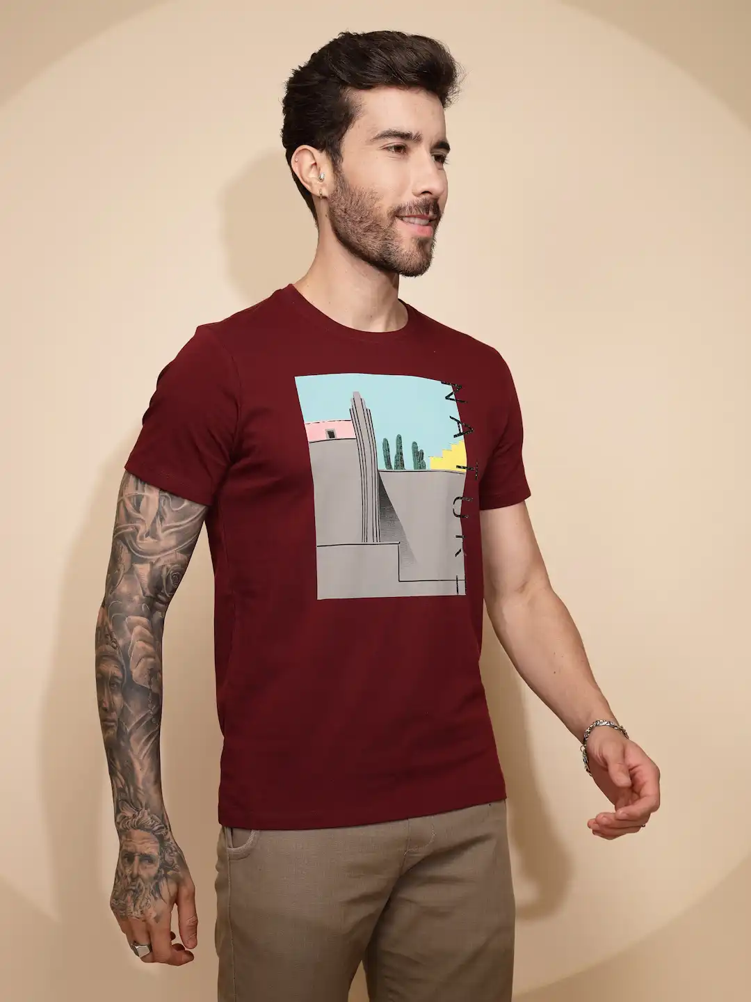 Maroon Cotton Regular Fit T-Shirt - Image 9
