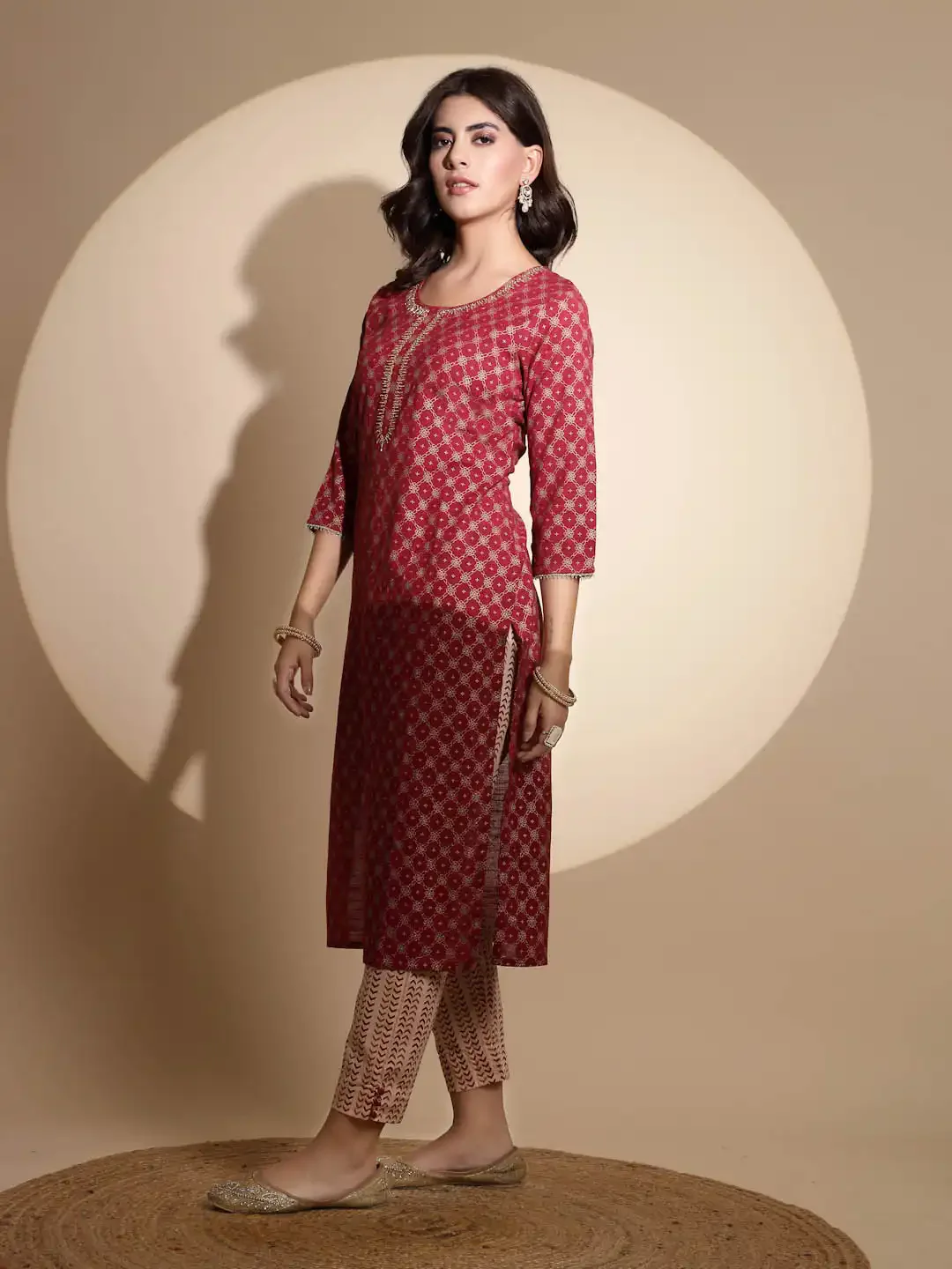 Maroon Embroidered Cotton Kurta Set - Image 3