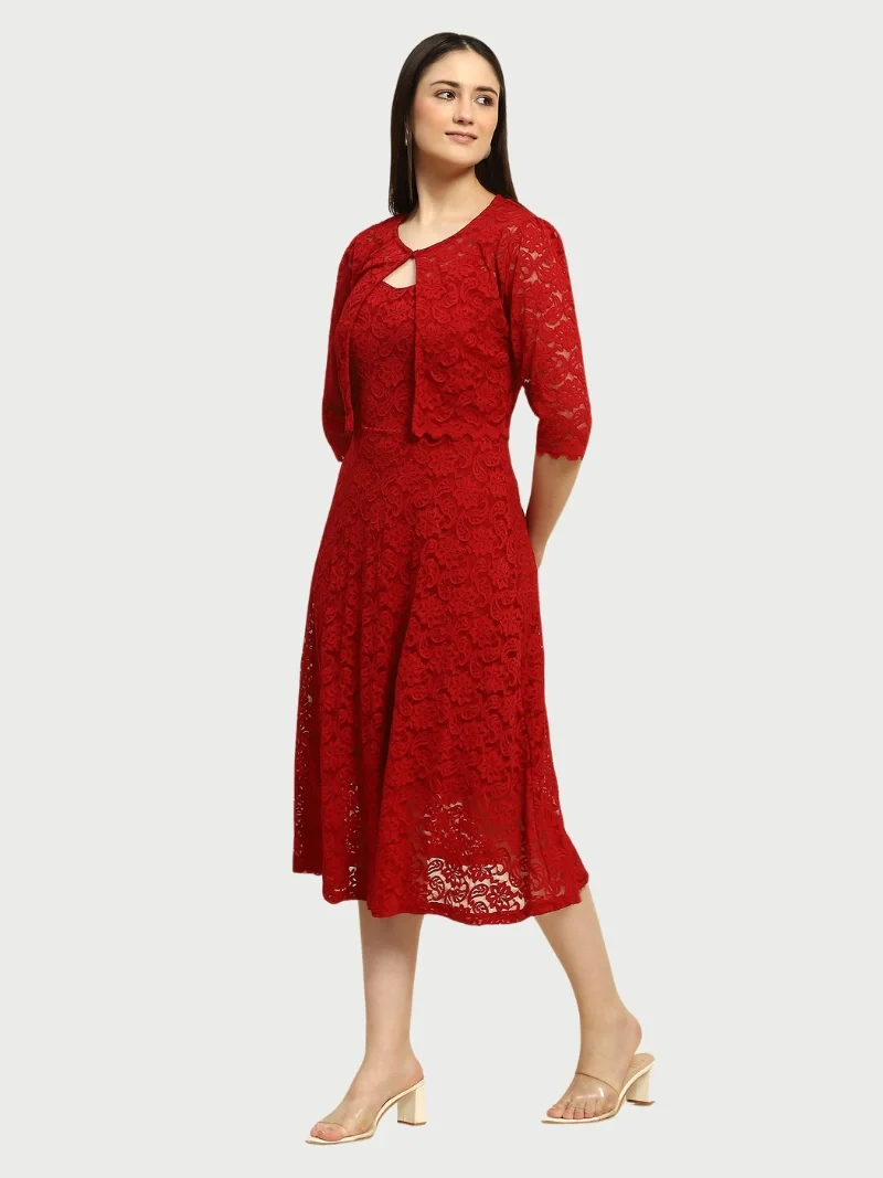 Maroon Floral Lace Fit & Flare Dress - Image 12