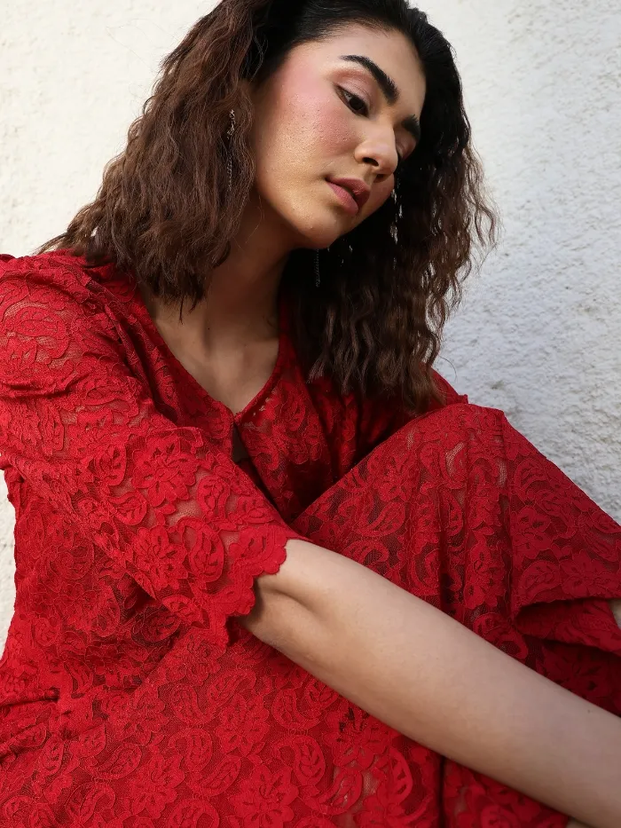 Maroon Floral Lace Fit & Flare Dress - Image 9