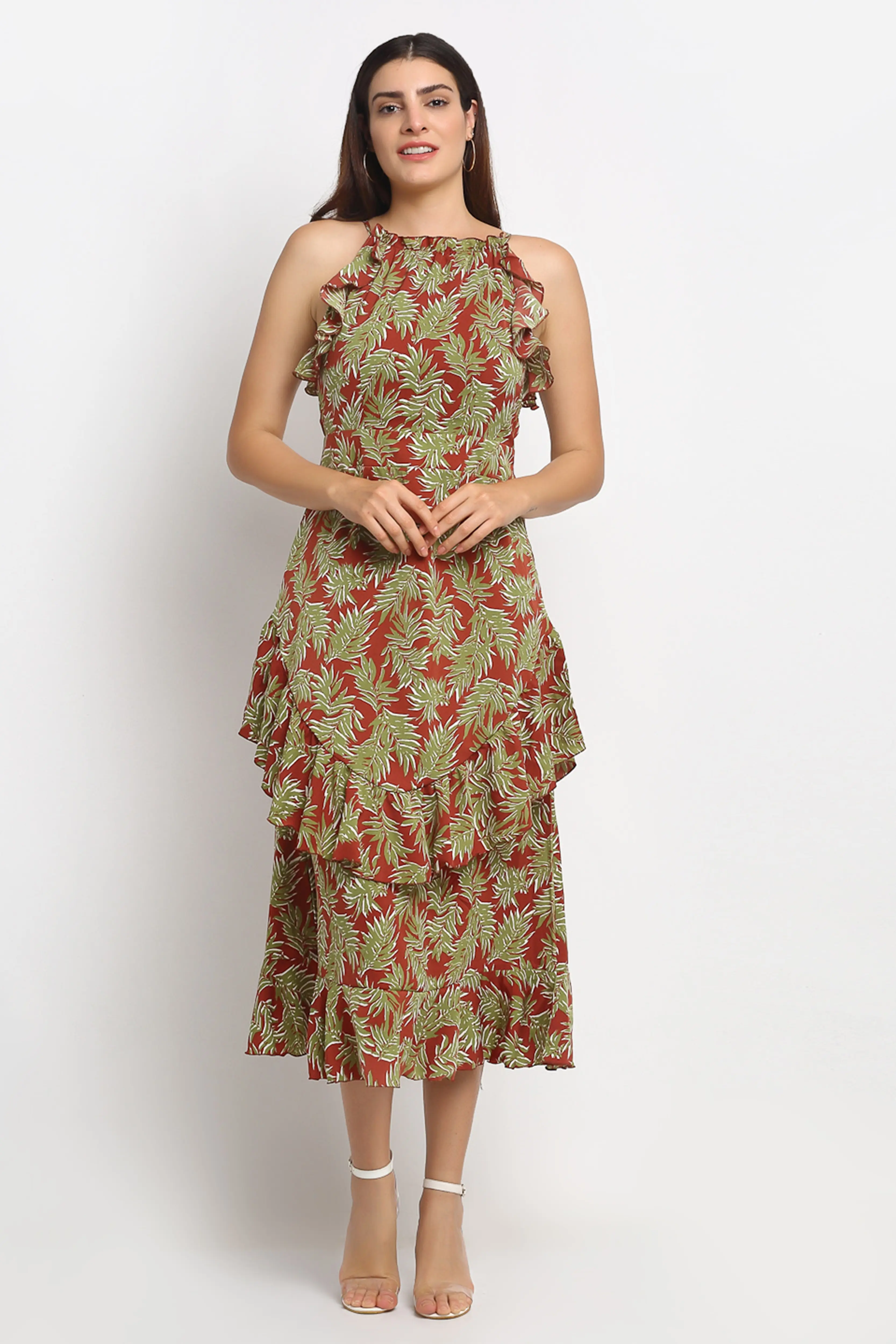 Maroon Print Long Length Dress