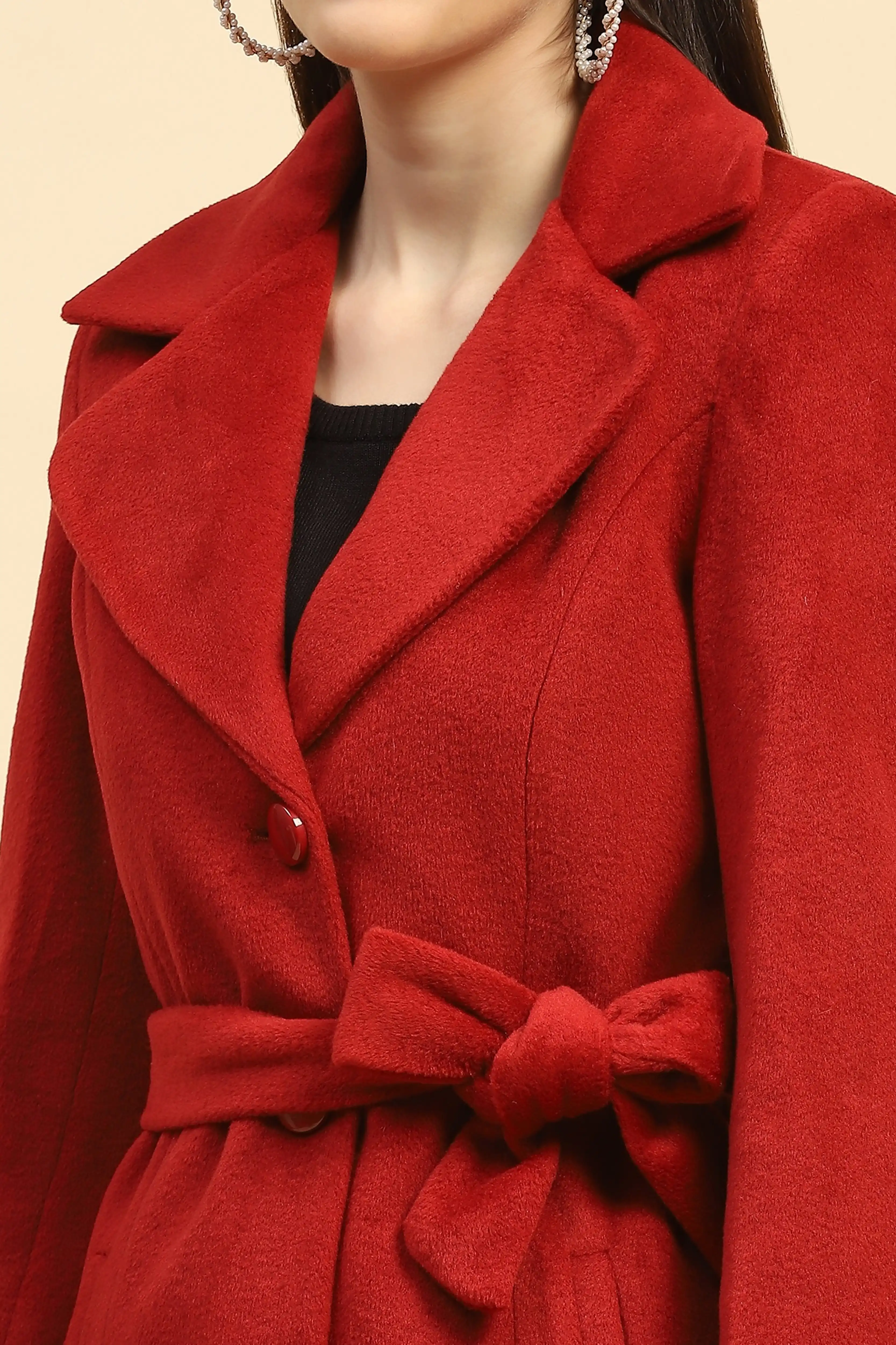 Maroon Solid Long Winter Coat - Image 5
