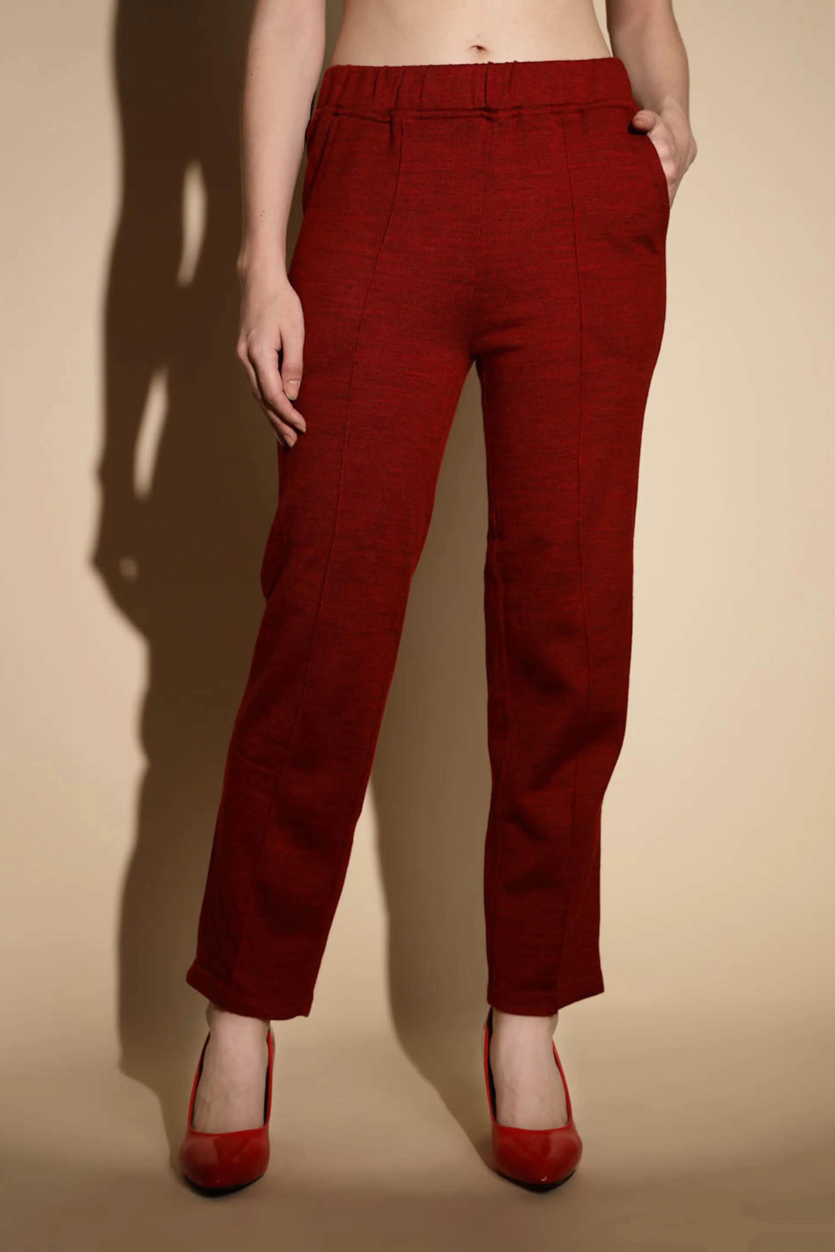 Maroon Solid Straight Cut Low Rise Pants