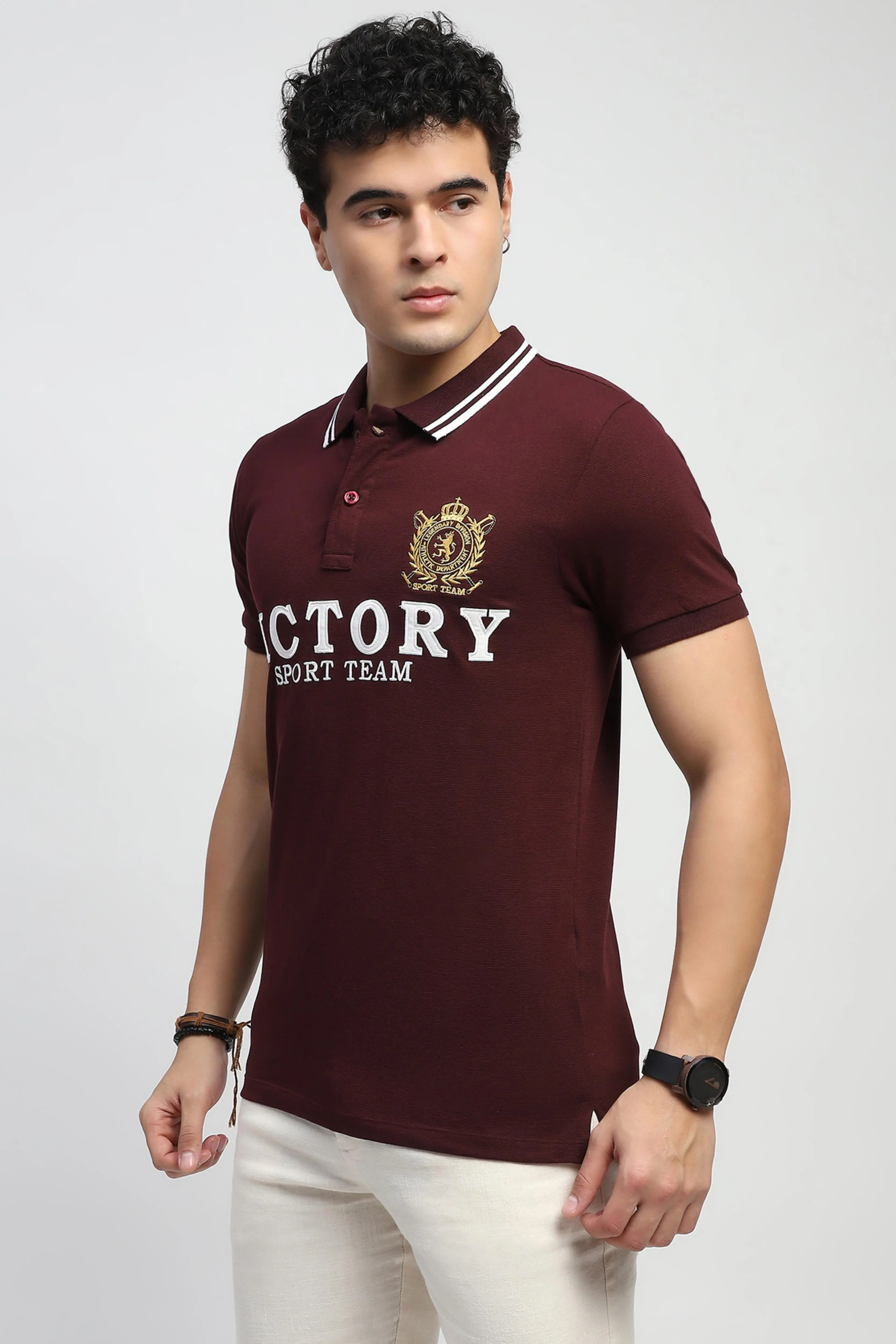 Wine Embroidered Cotton Polo T-Shirt - Image 2