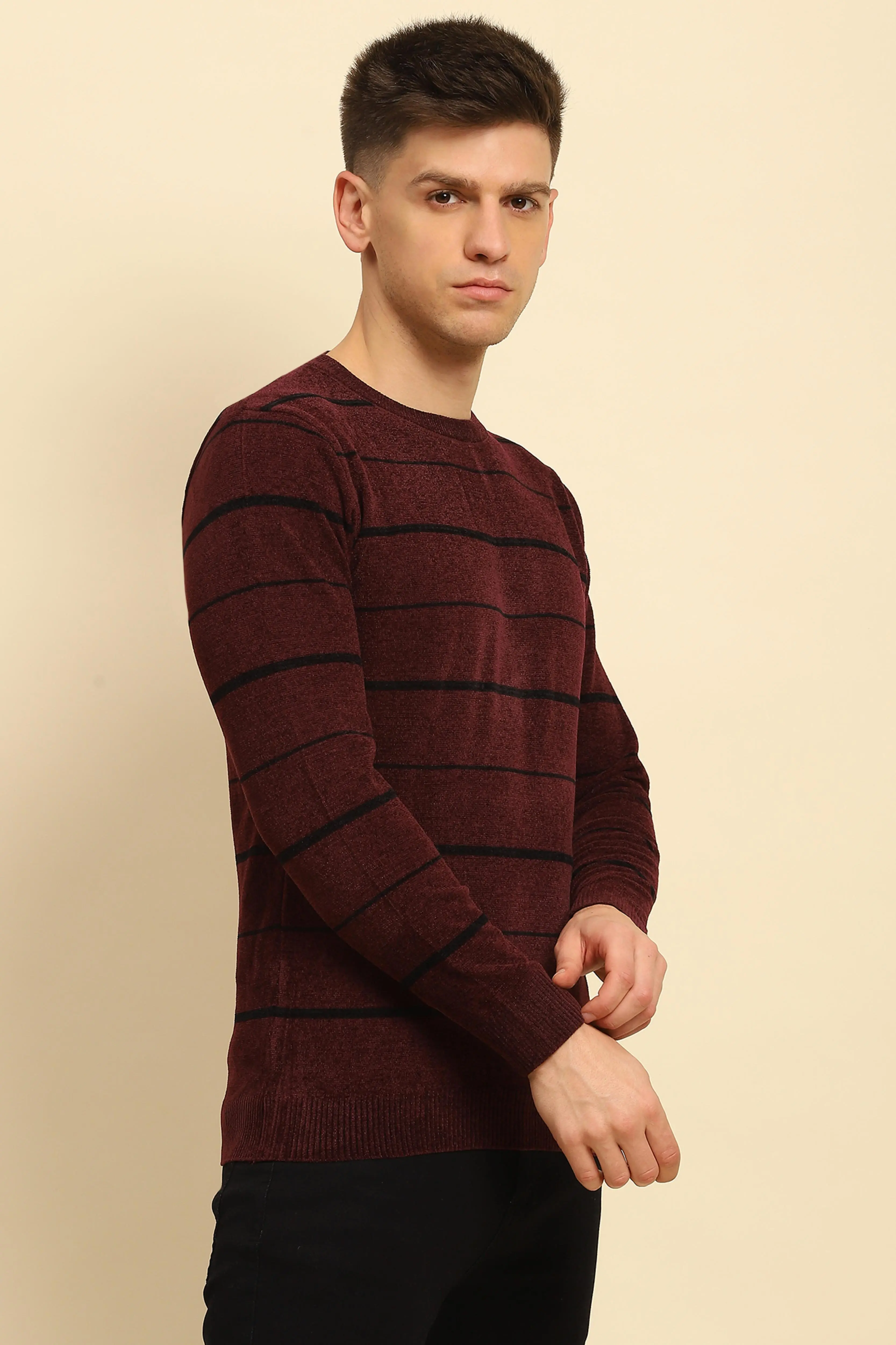 Maroon Velvet Blend Striped Pullover - Image 3
