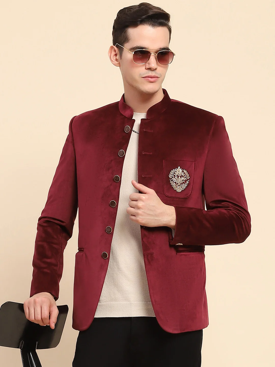 Maroon Velvet Zari Embroidered Coat - Image 12