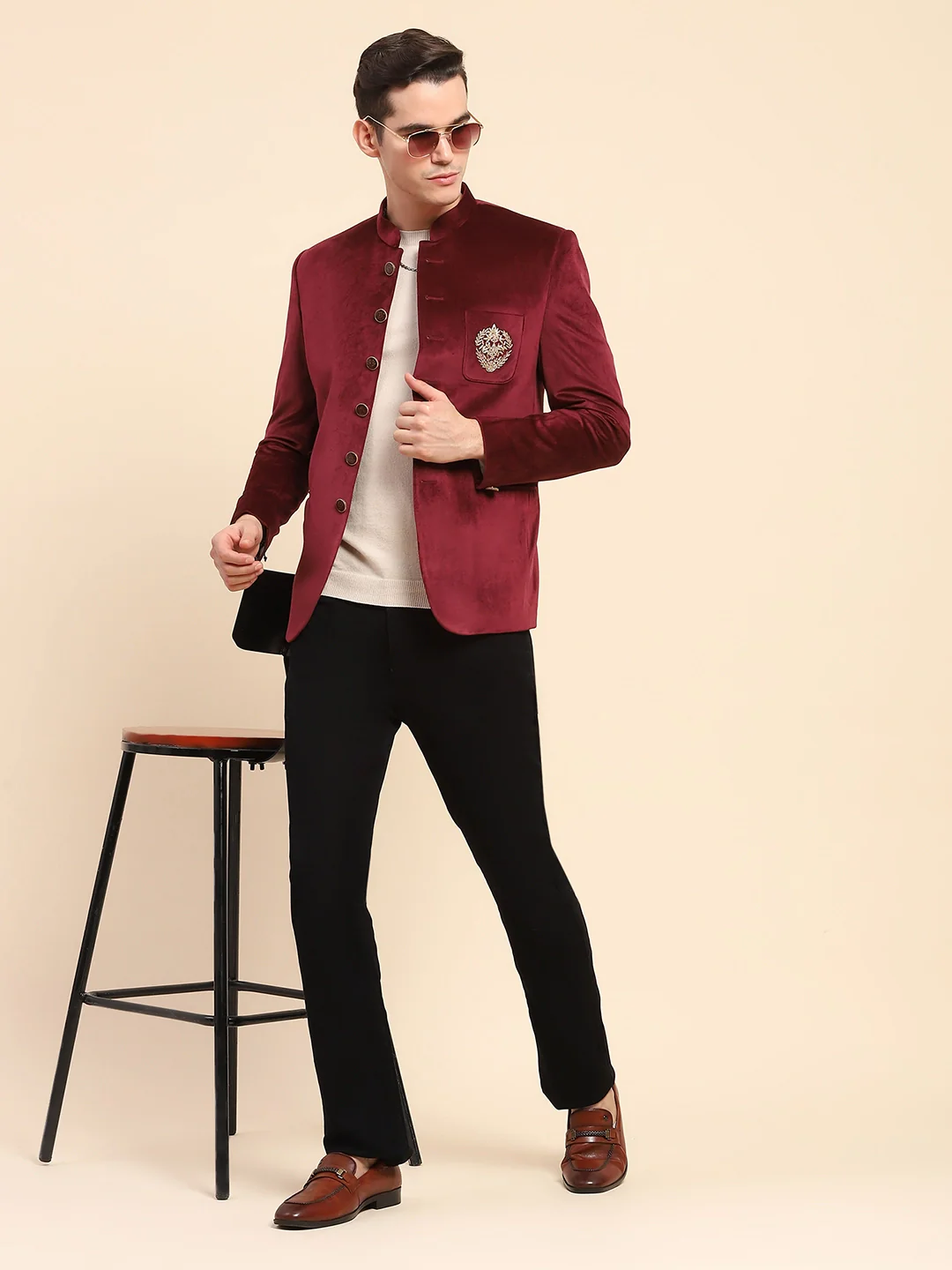 Maroon Velvet Zari Embroidered Coat - Image 8