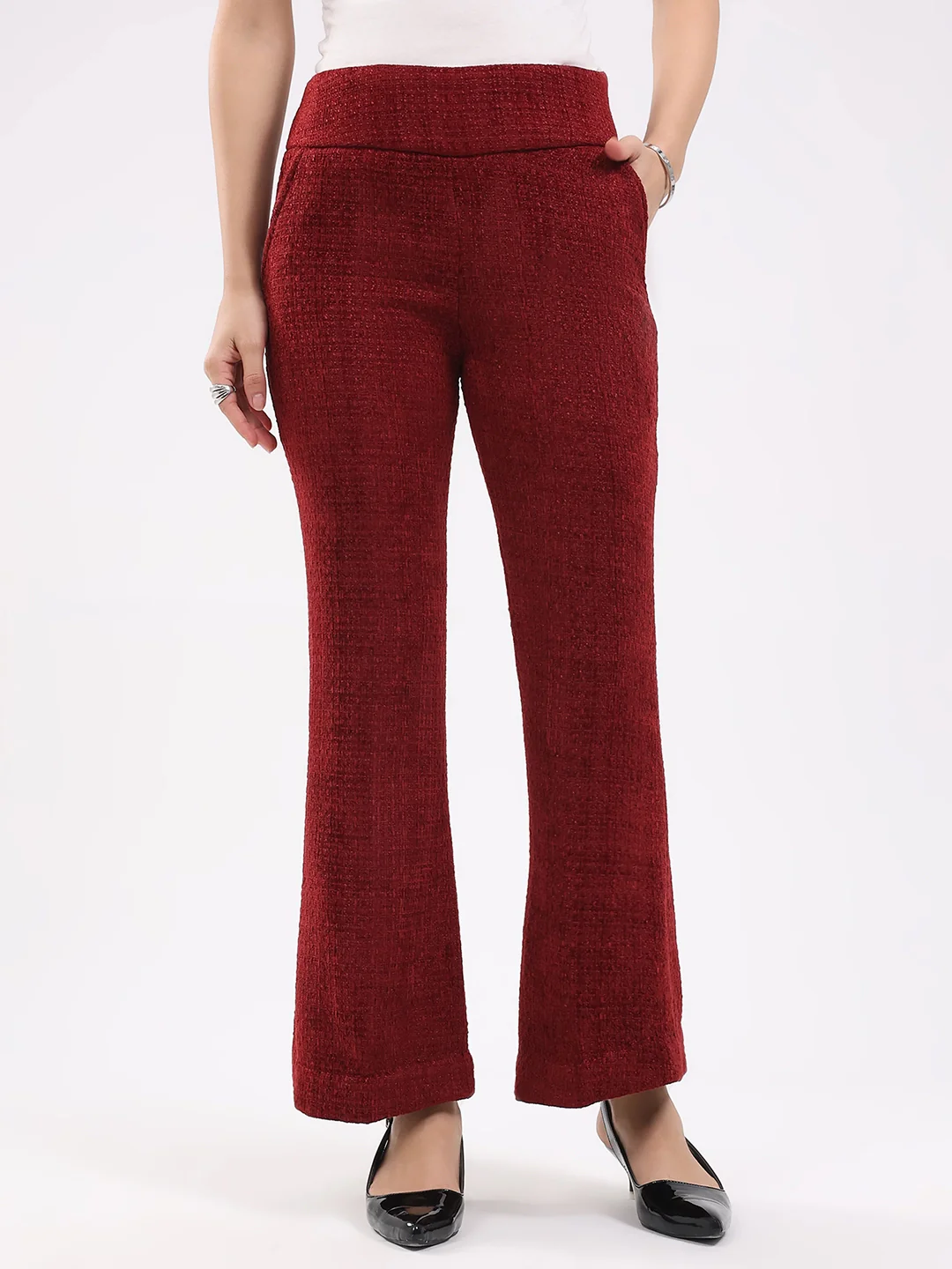 Maroon Wool Blend Bootcut Trousers - Image 11