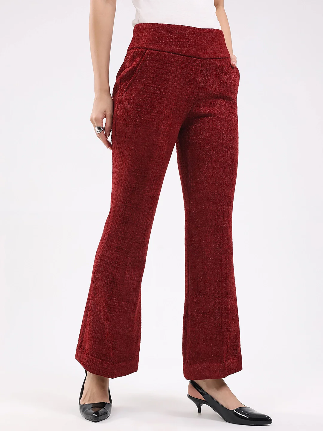 Maroon Wool Blend Bootcut Trousers - Image 12