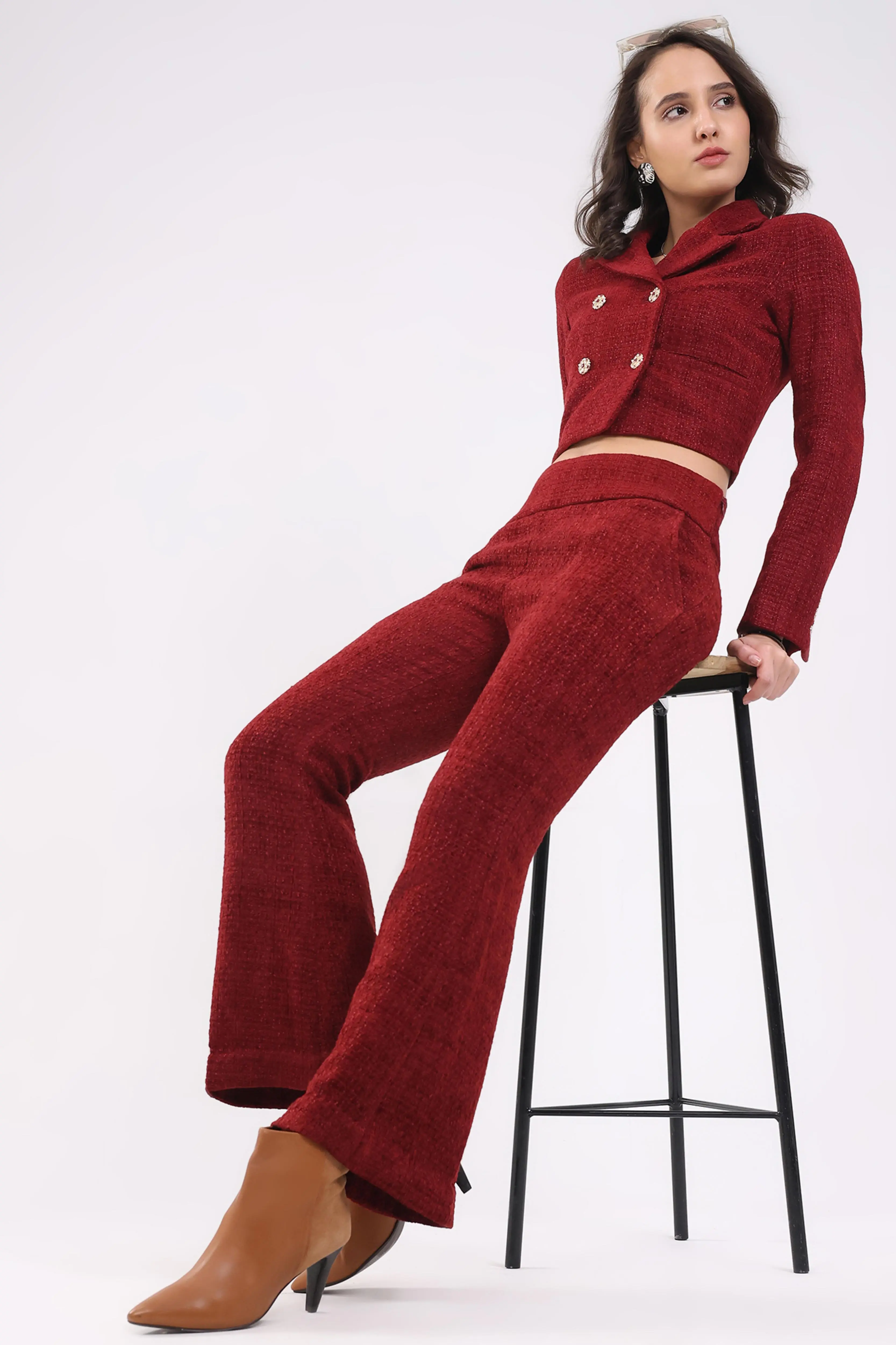 Maroon Wool Blend Bootcut Trousers - Image 6