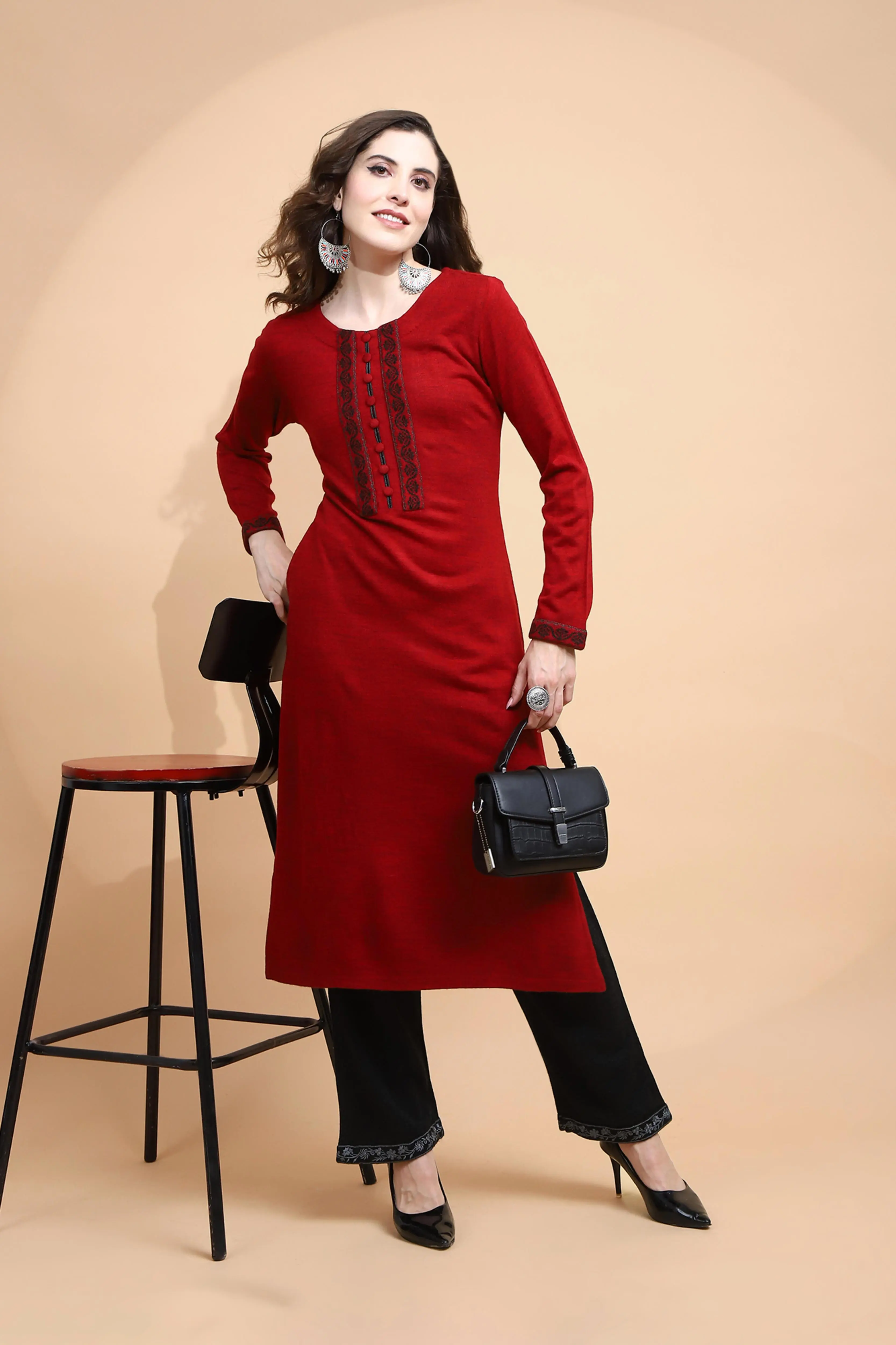 Maroon Woolen Regular Fit Kurta - Image 7