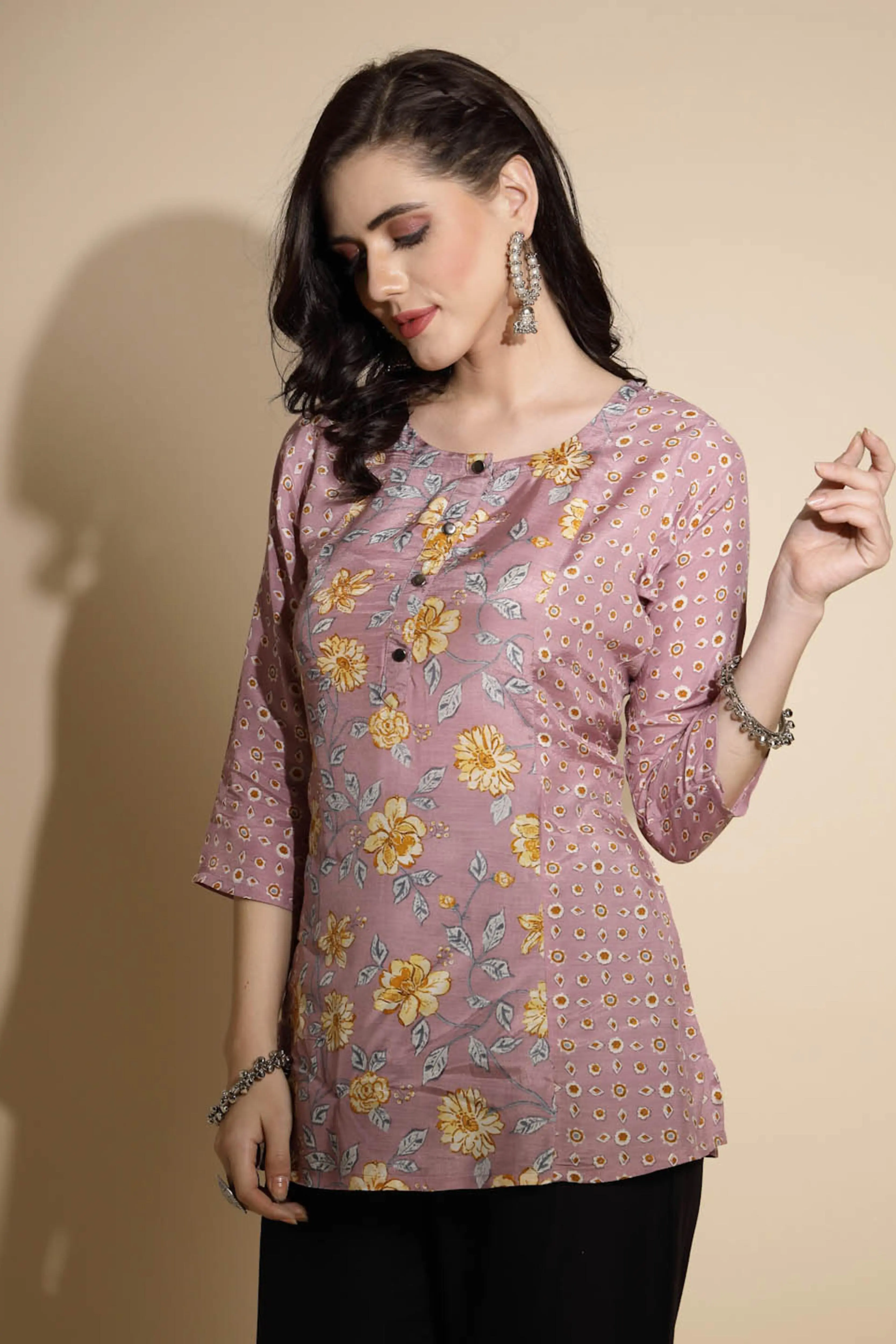 Mauve Floral Print Satin Tunic - Image 3