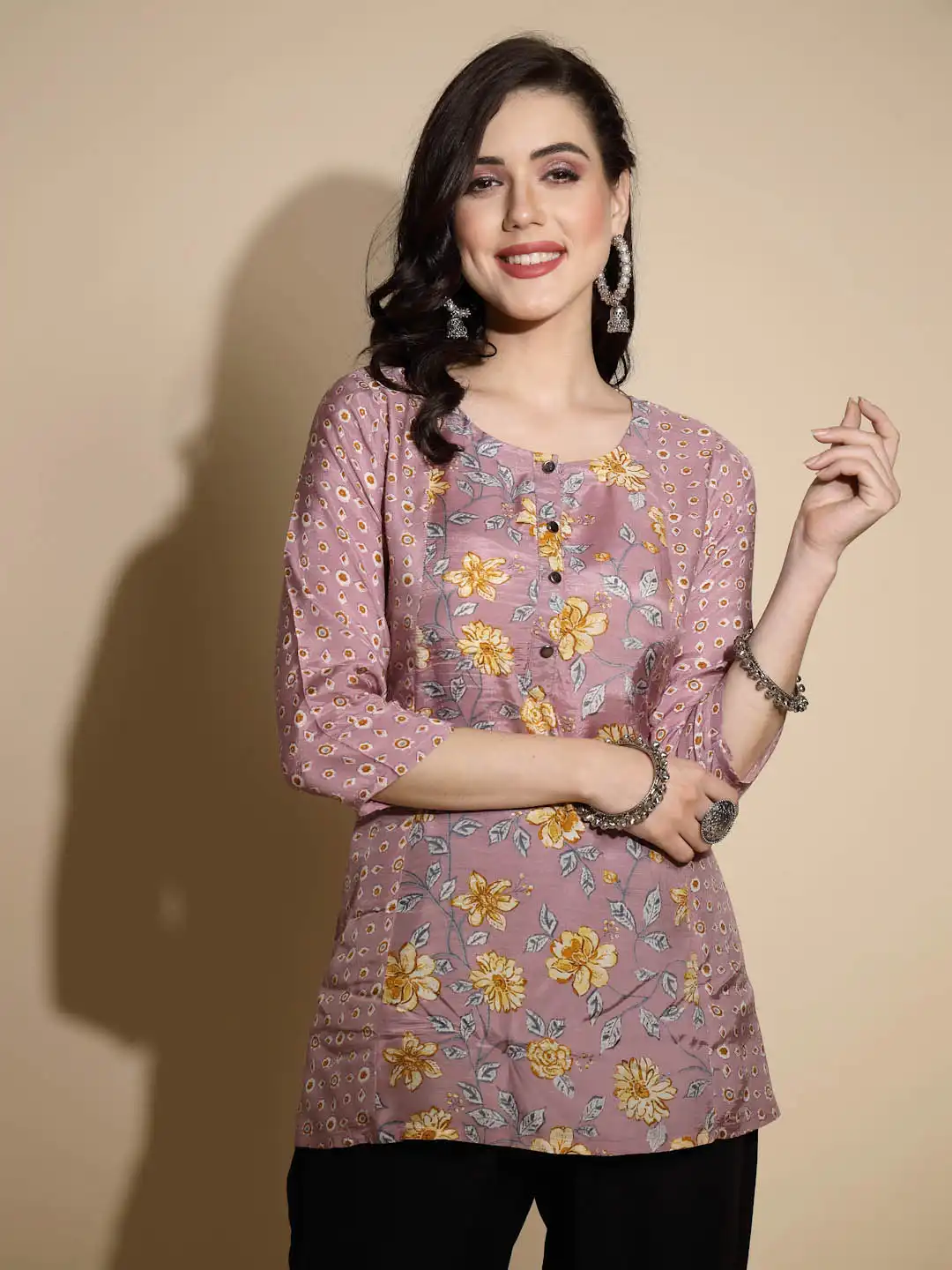 Mauve Floral Print Satin Tunic - Image 8