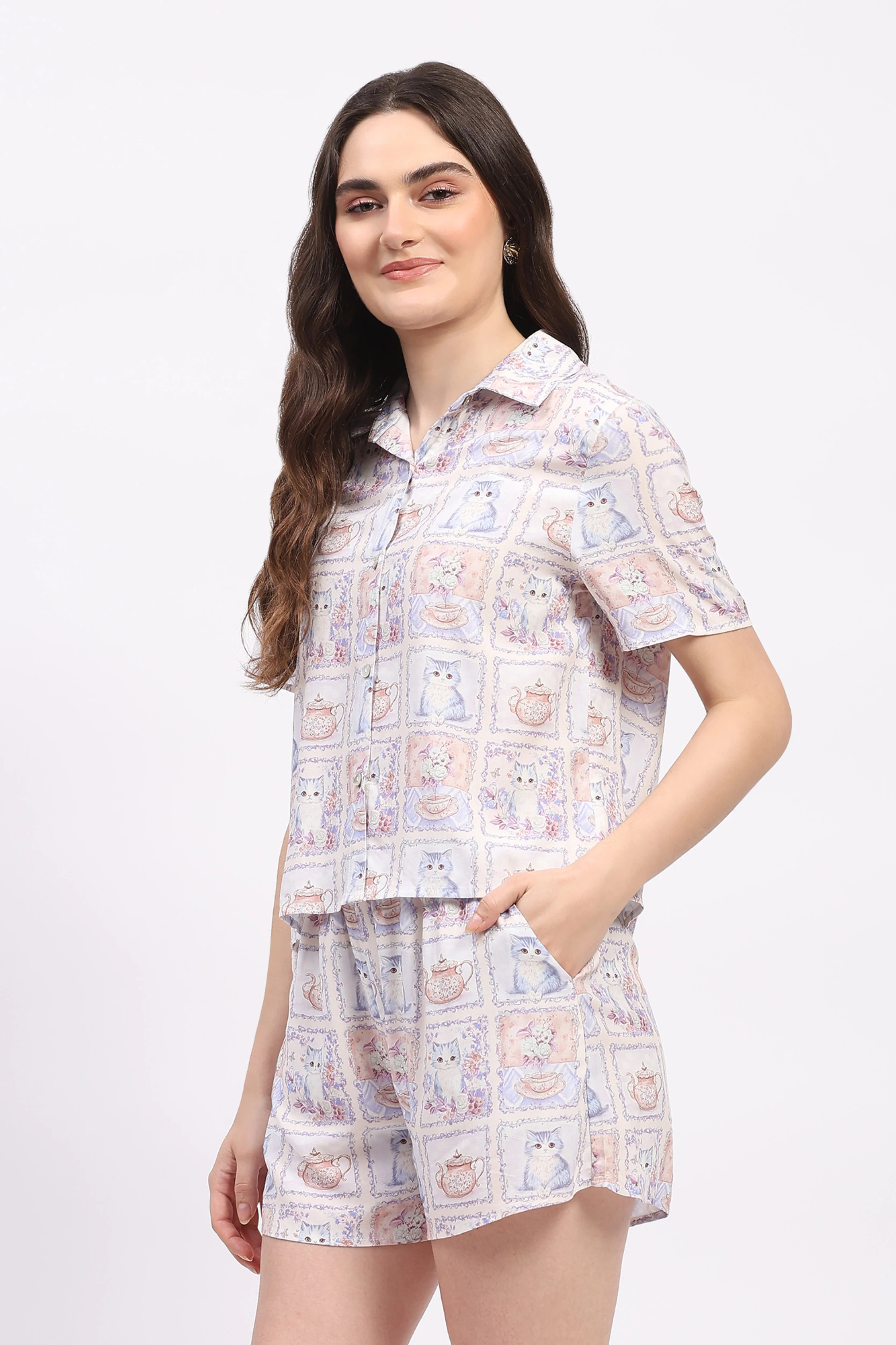 Mauve Quirky Print Rayon Shirt - Image 3