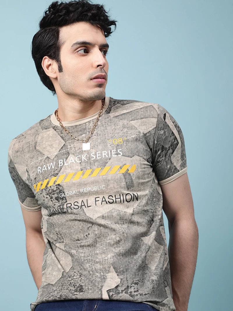 Men Beige Alpha Printed T-Shirt - Image 3