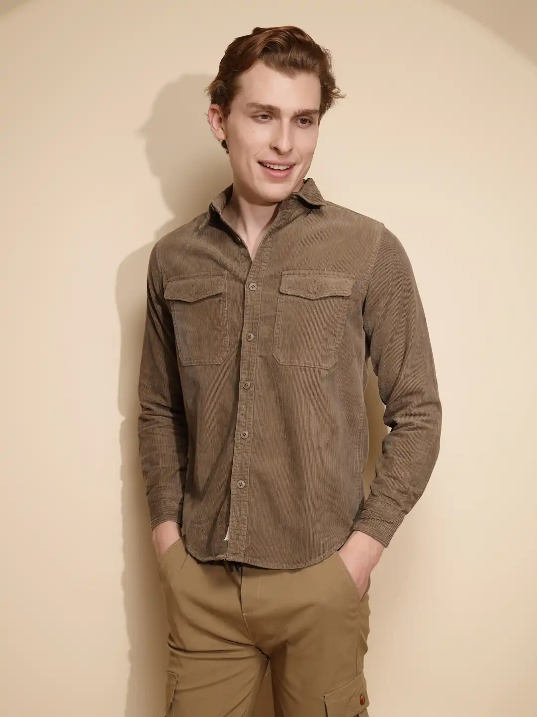 Brown Solid Full Sleeve Collar Neck cotton Shirt - Image 3