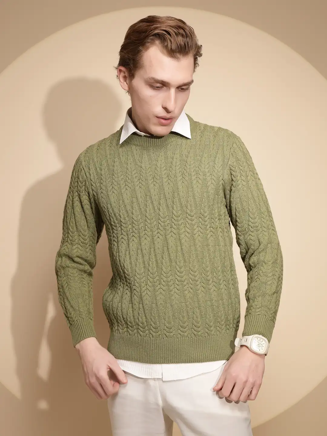 Green Solid Full Sleeve Round Neck Knitted Pullover
