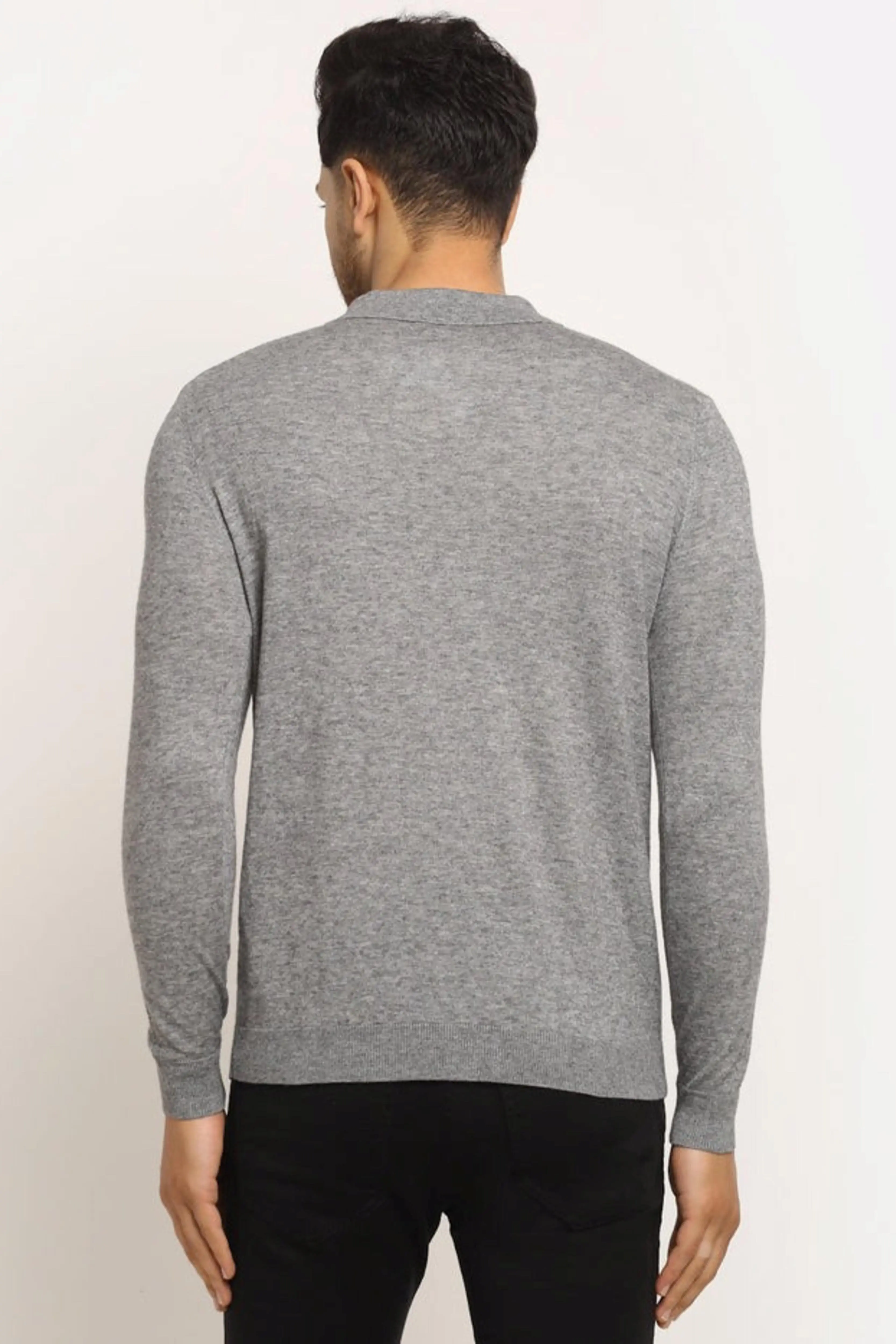 Men Grey Polo Neck Knit Solid Pullover - Image 3
