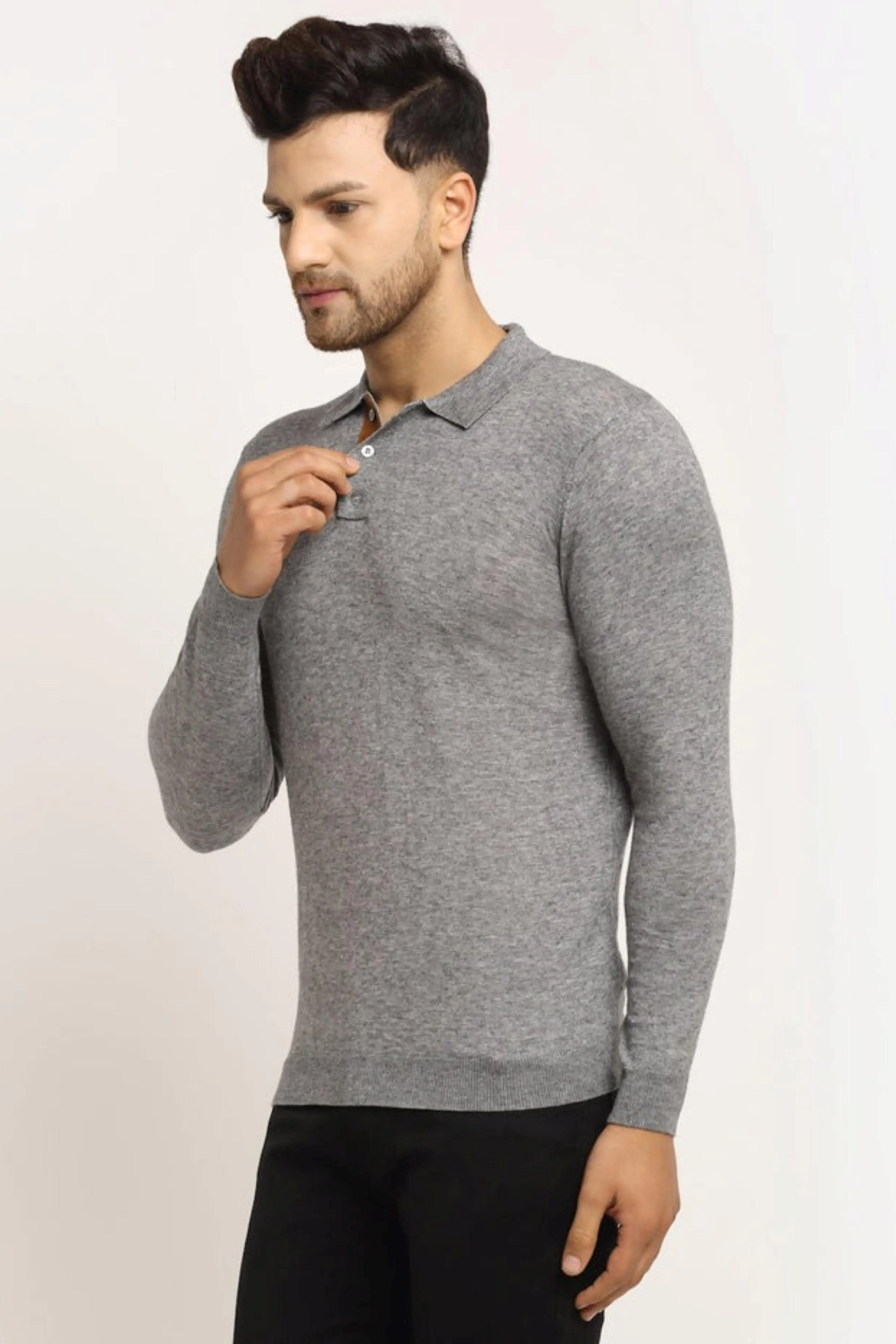 Men Grey Polo Neck Knit Solid Pullover - Image 4