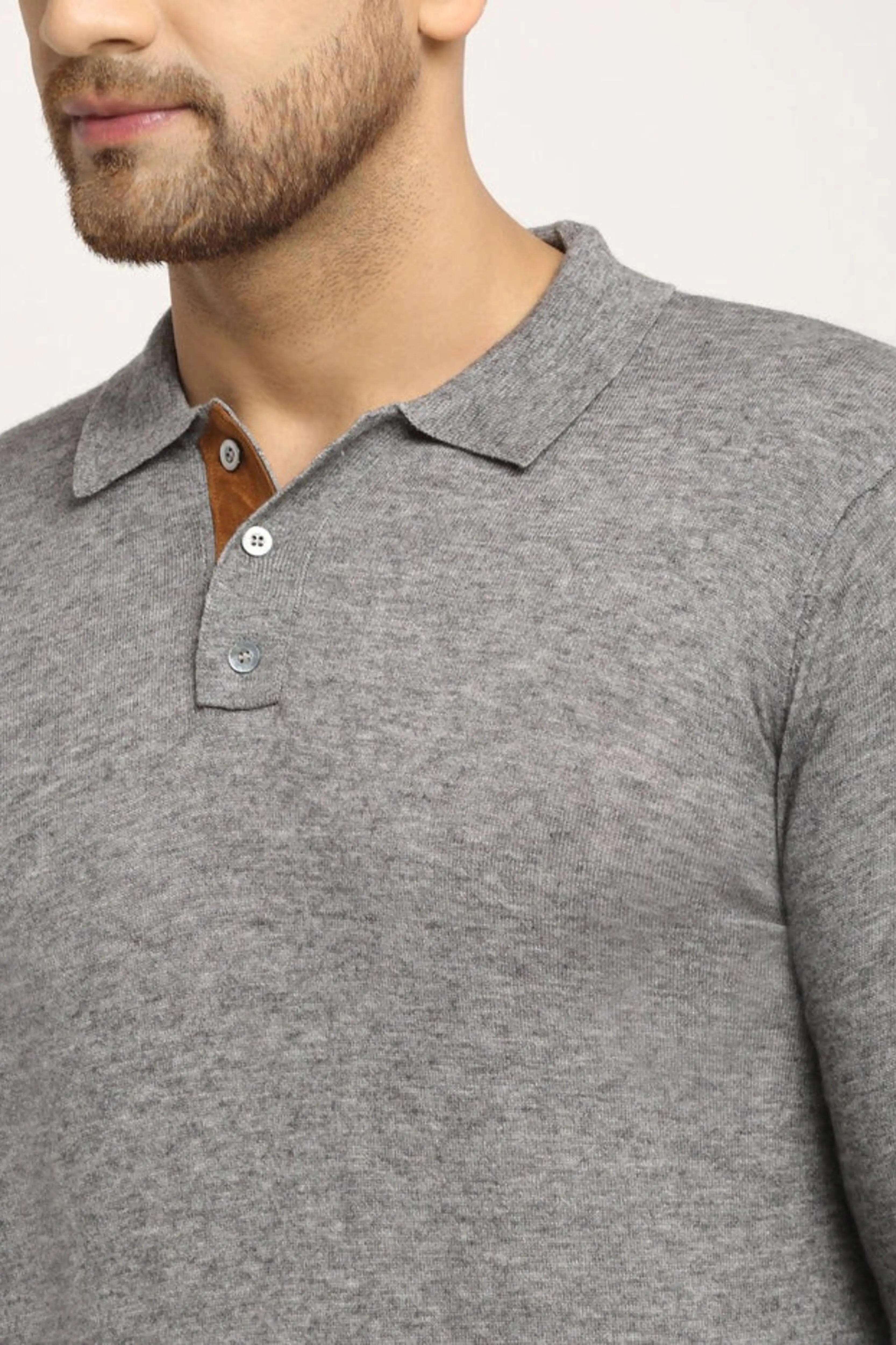 Men Grey Polo Neck Knit Solid Pullover - Image 5
