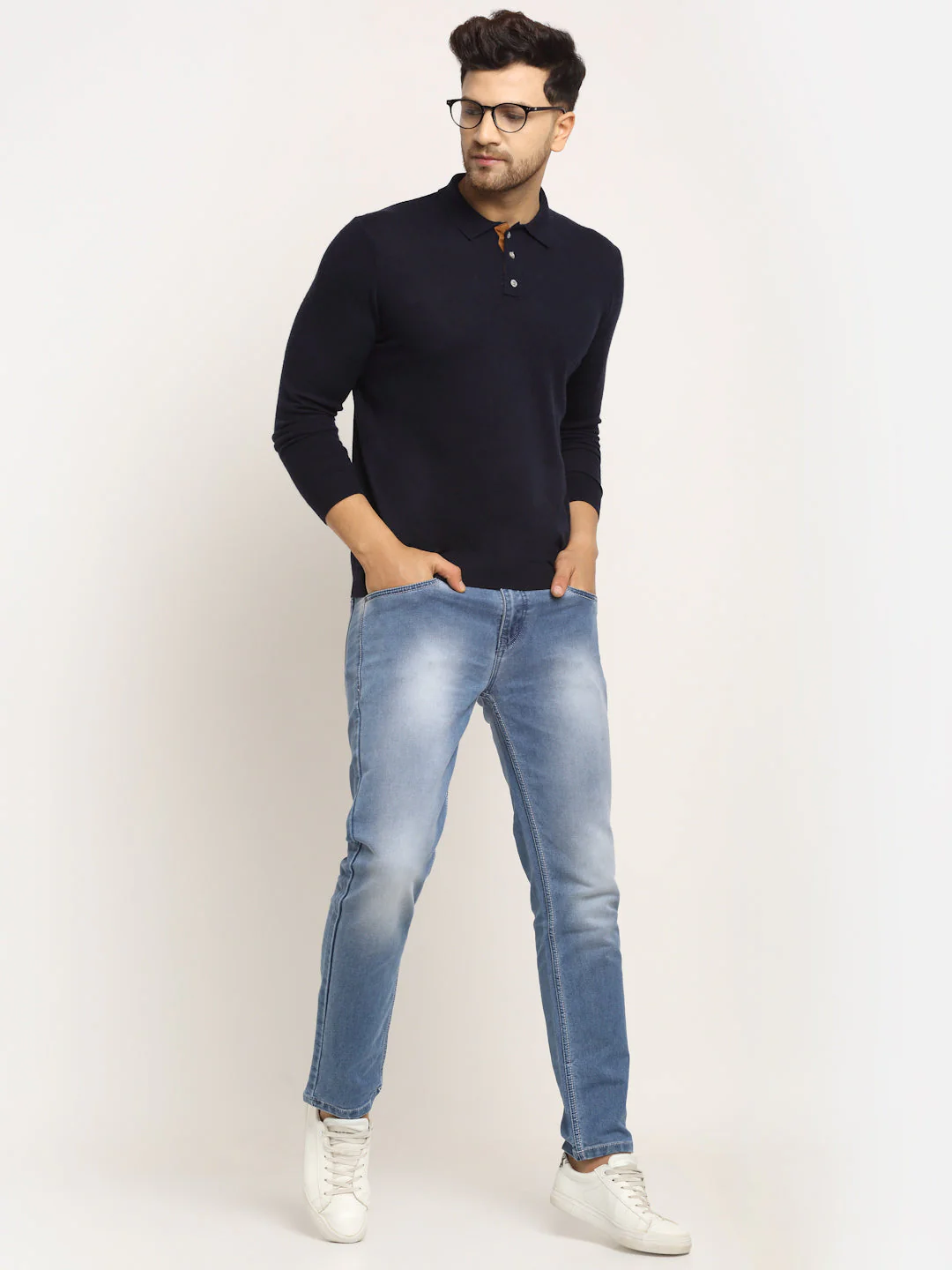 Men Navy Blue Polo Neck Knit Solid Pullover - Image 10