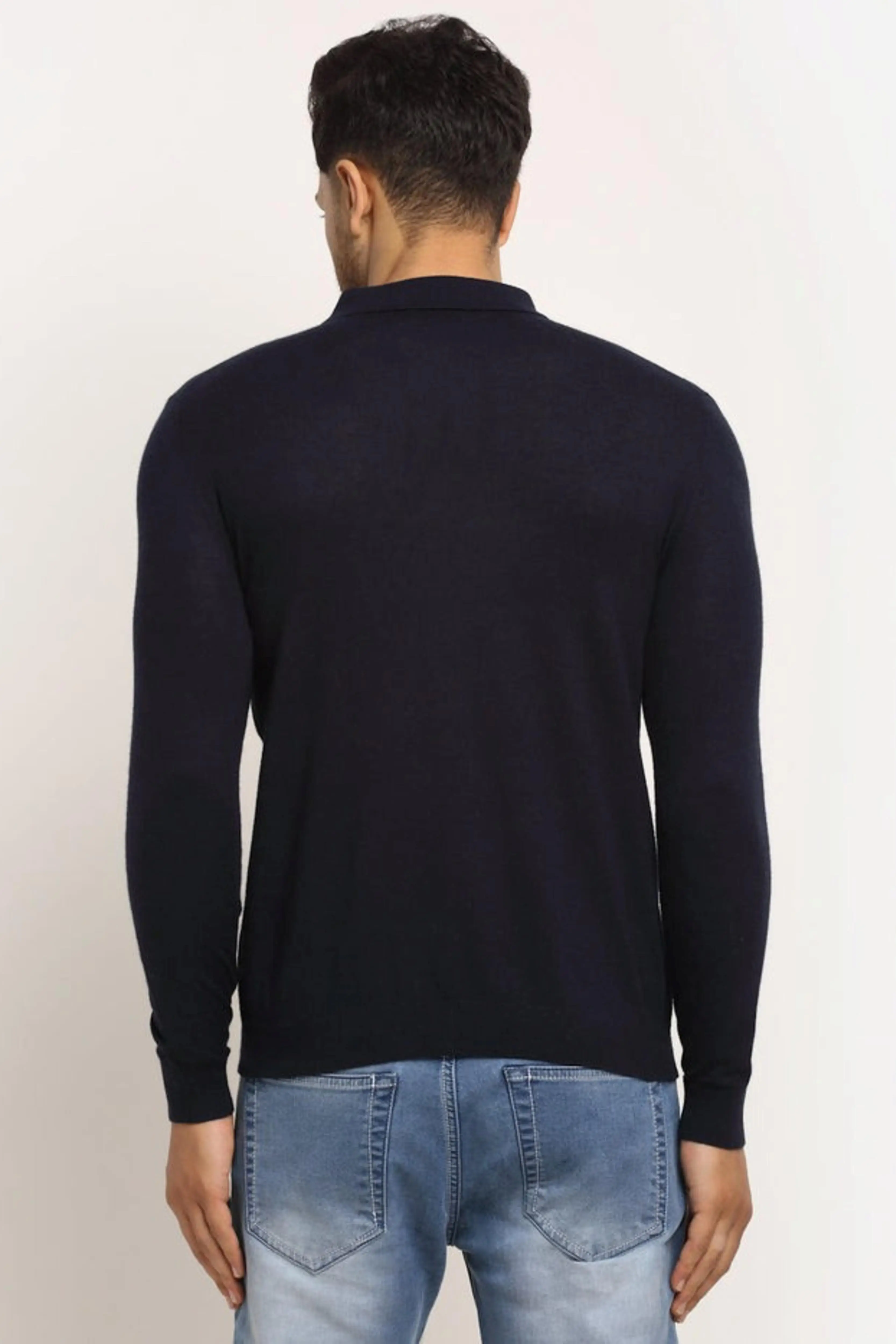 Men Navy Blue Polo Neck Knit Solid Pullover - Image 3