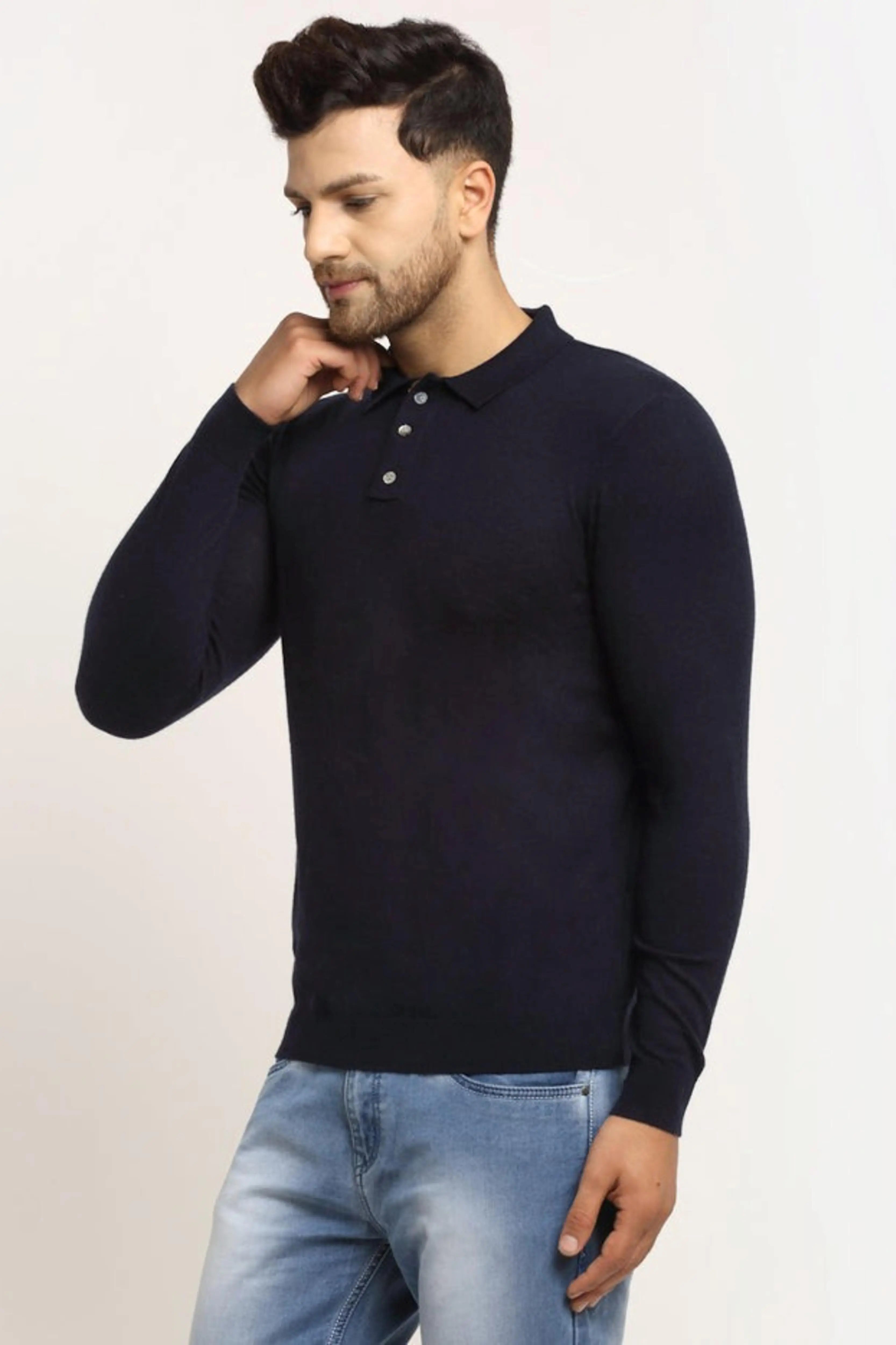 Men Navy Blue Polo Neck Knit Solid Pullover - Image 4