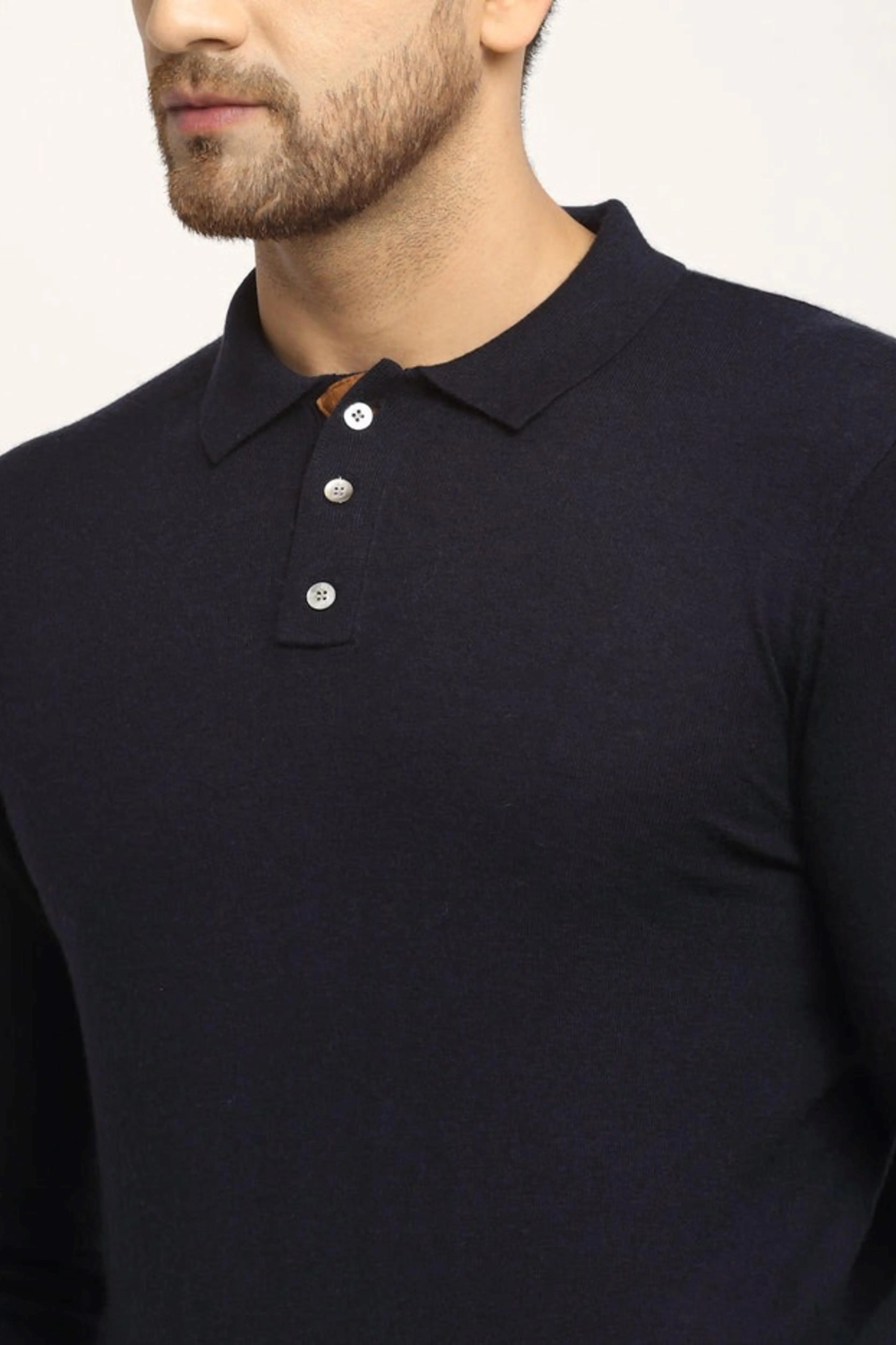 Men Navy Blue Polo Neck Knit Solid Pullover - Image 5