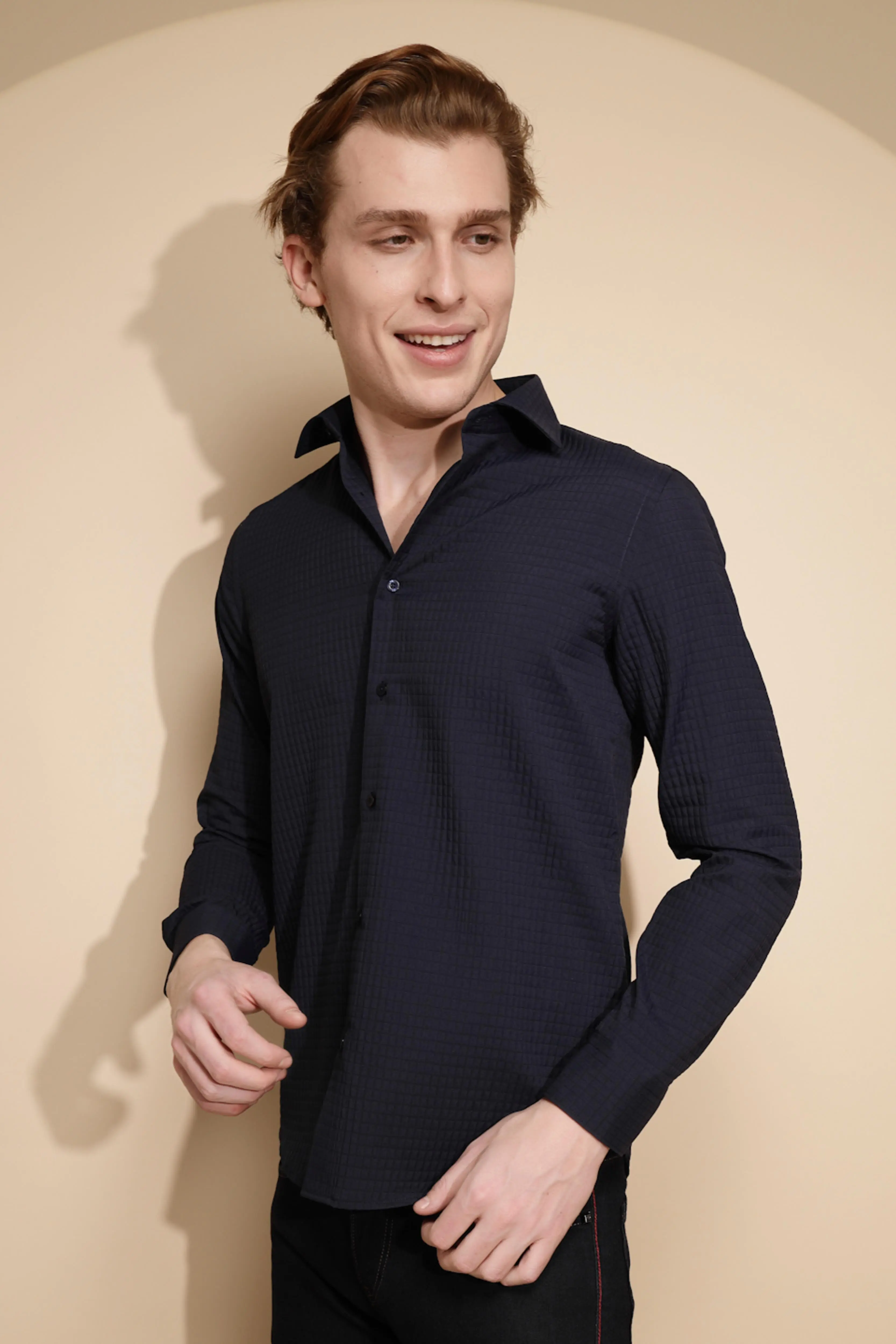 Navy Blue Solid Full Sleeve Collar Neck cotton Shirt - Image 2