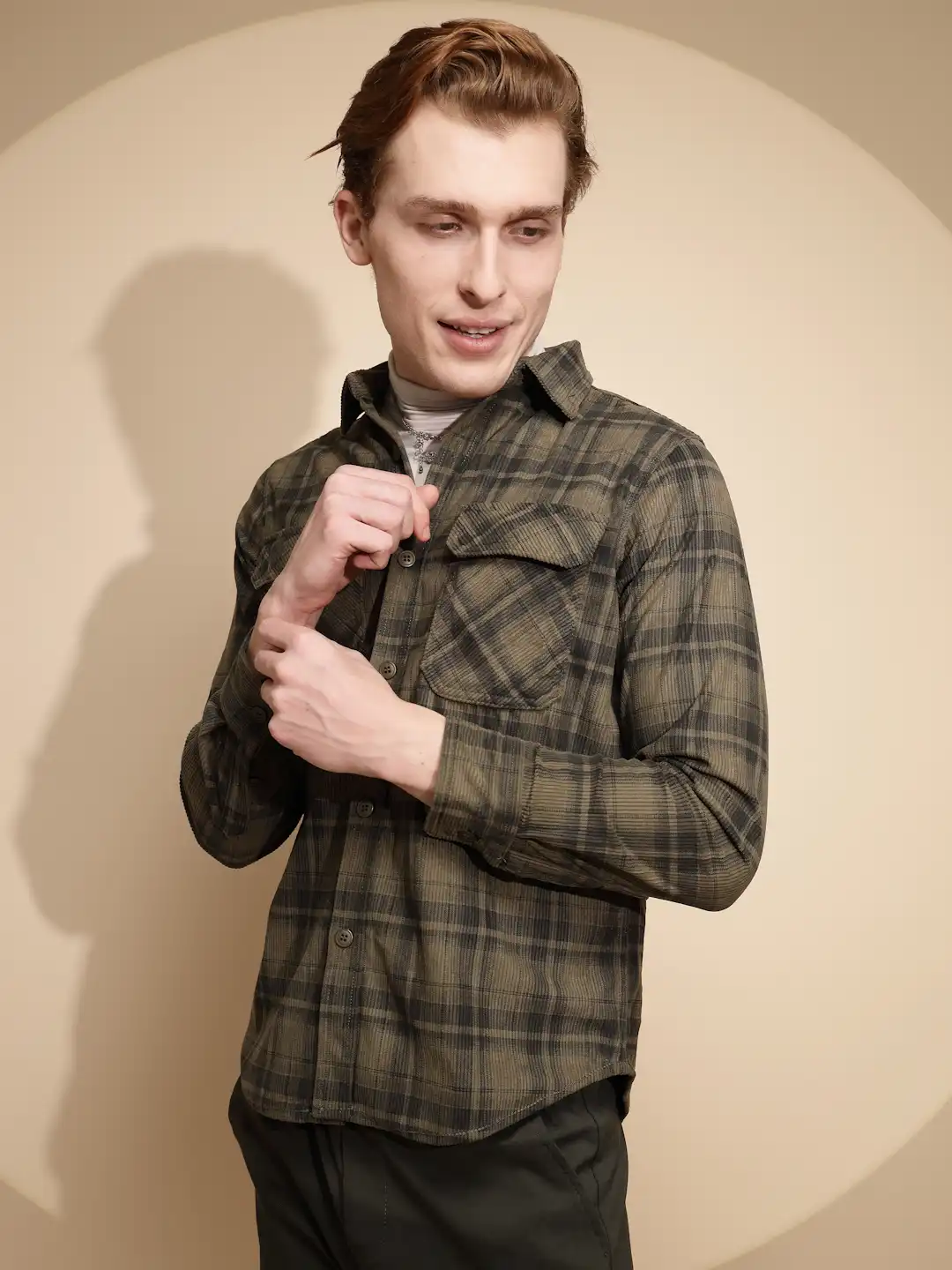 Men Olive Check Full Sleeve cotton Shirt - Image 3