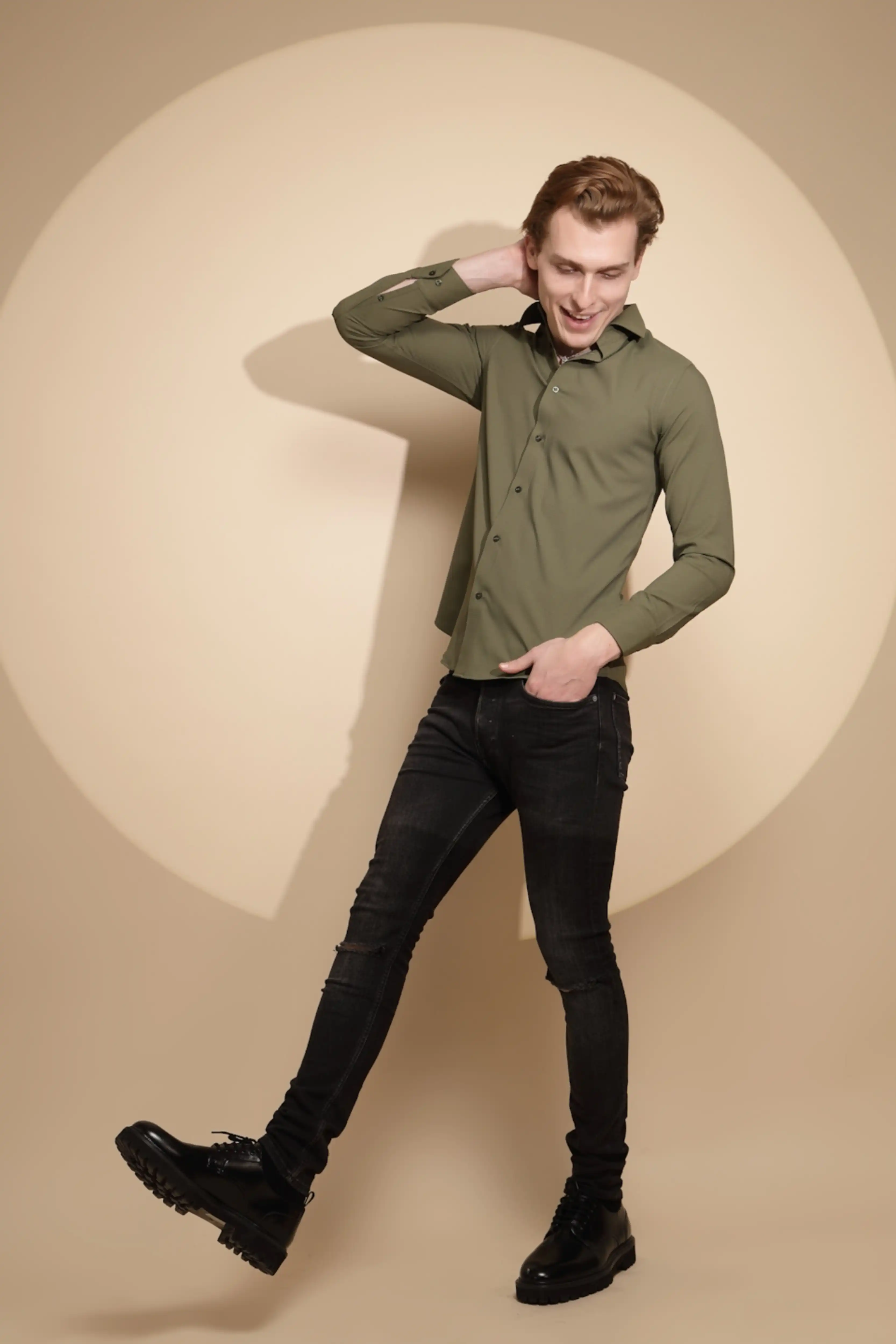 Olive Solid cotton Shirt - Image 6