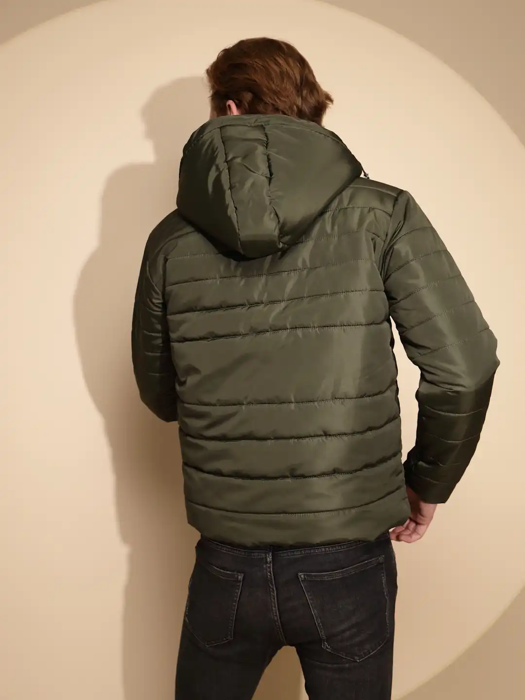 Olive Solid Full Sleeve cotton Hooded Puffer Jacket - Image 3