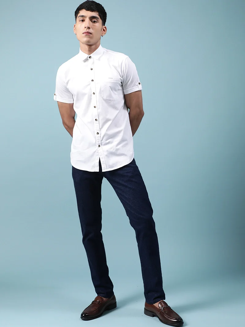 Men White Half Sleeve Casual Plain Shirt - Image 7