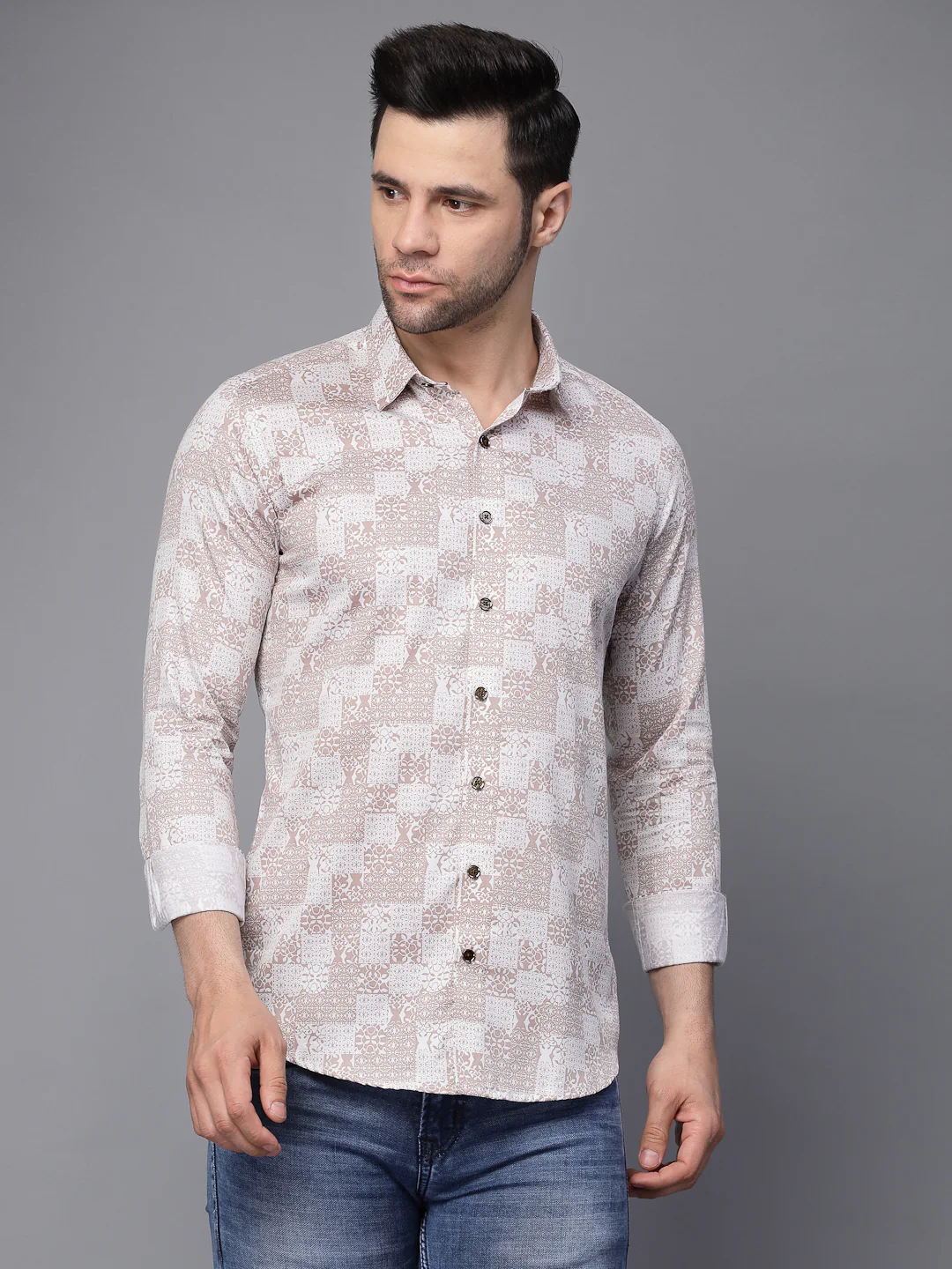 Mens Beige Collar Neck Printed Shirt - Image 4