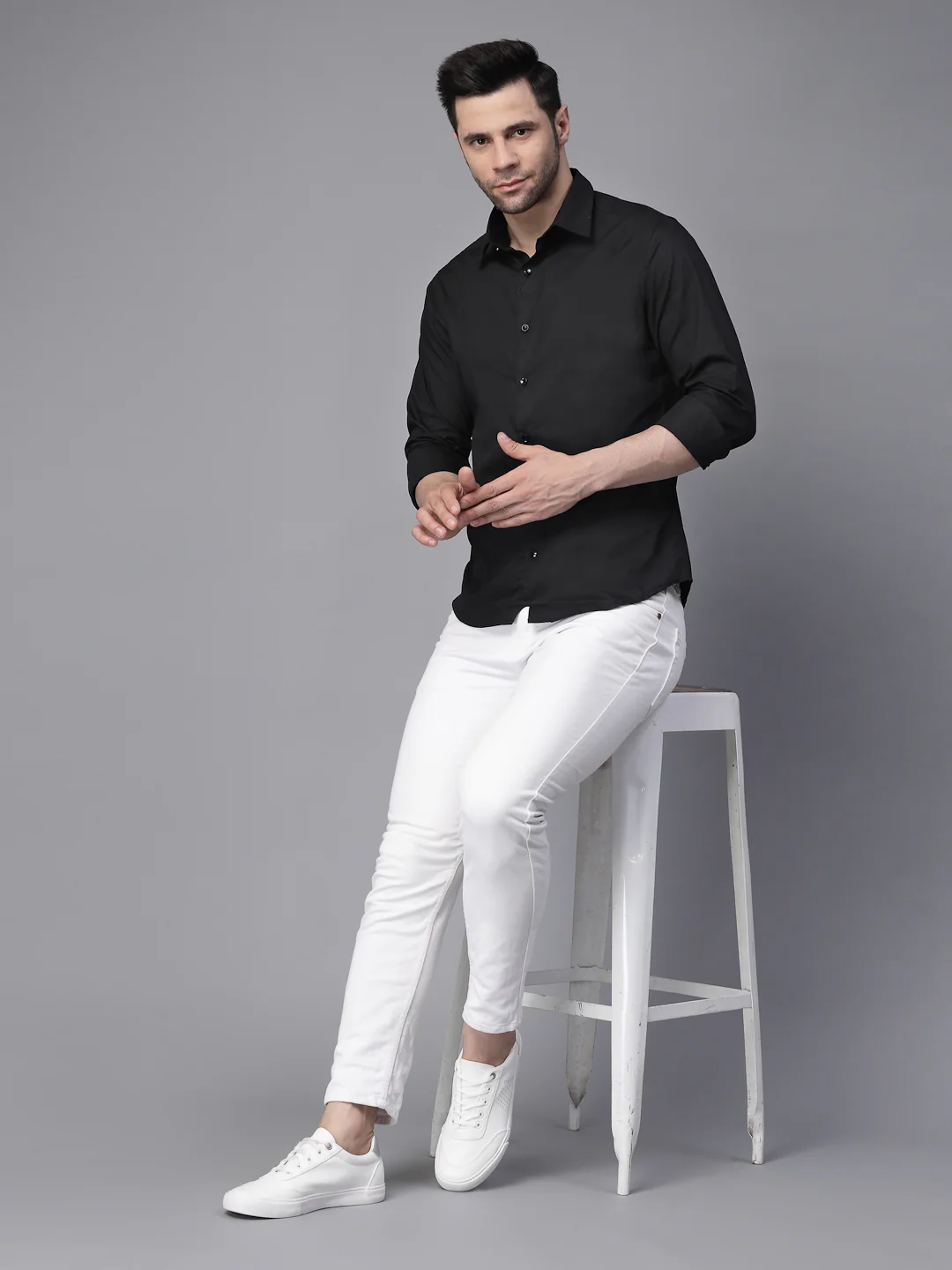 s Black Collar Neck Solid Regular Casual Shirt - Image 10