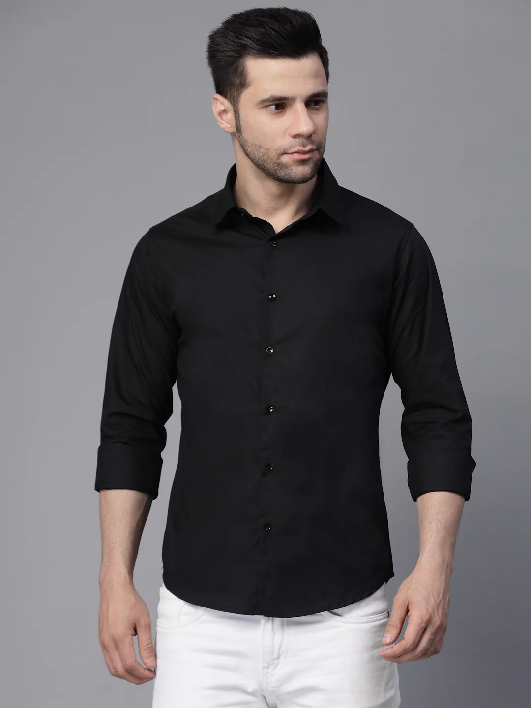 s Black Collar Neck Solid Regular Casual Shirt - Image 6