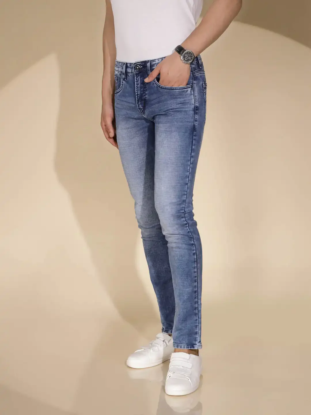 Mens Blue Denim Solid Mid Rise Jeans - Image 10