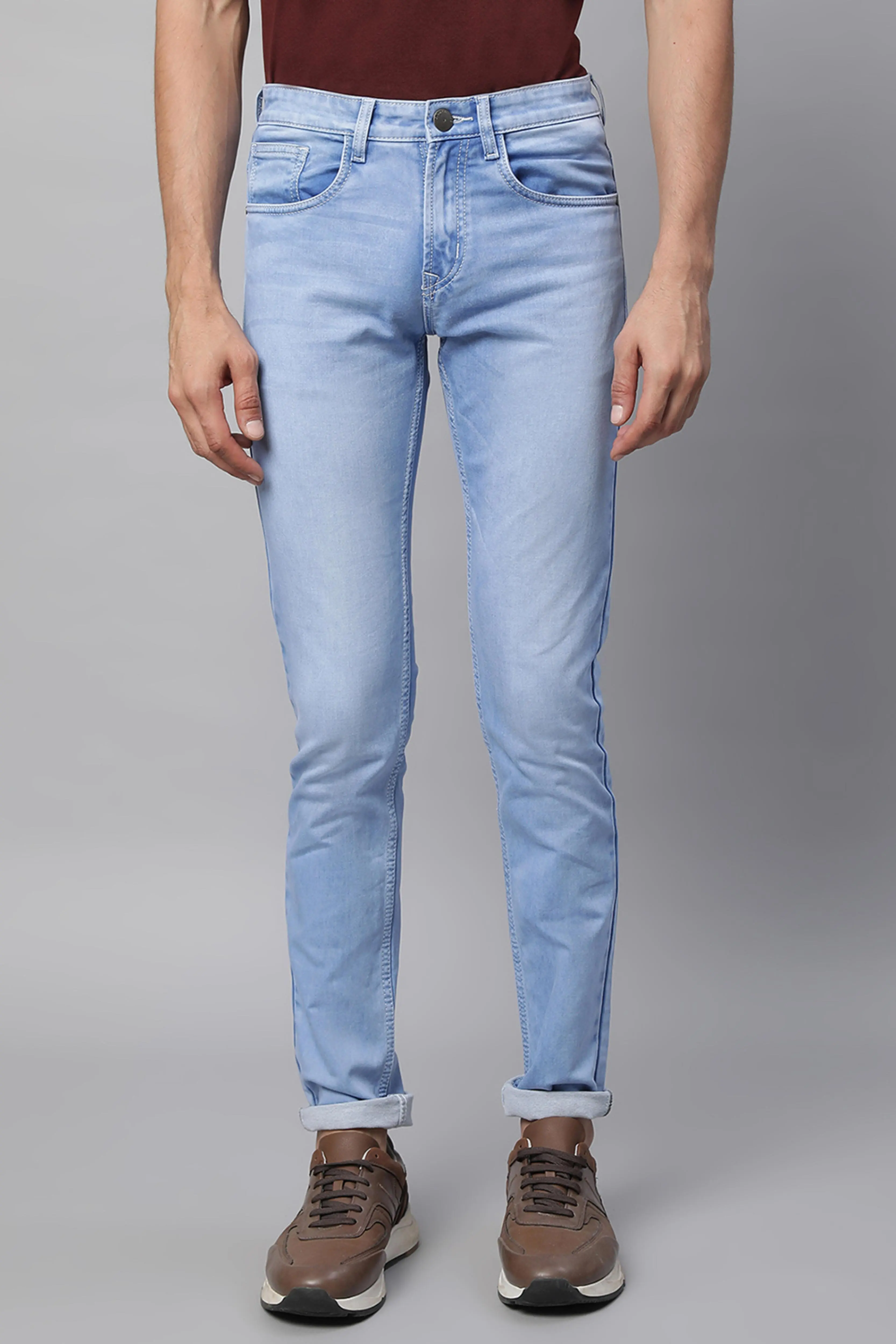 s Light Blue Cotton Blend Solid Mid Rise Slim Fit Jeans