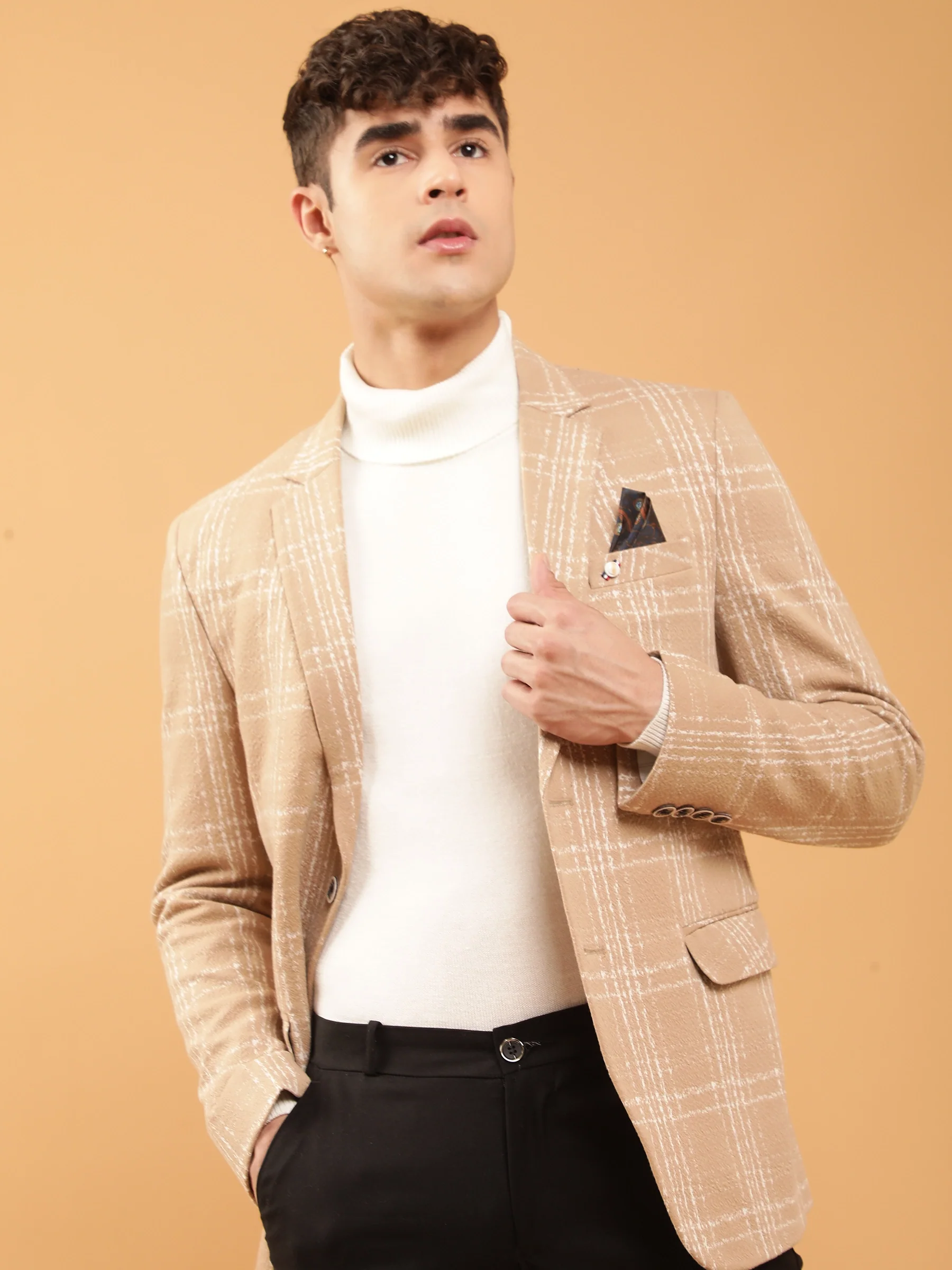 s Beige Tailored Fit Textured Check Pattern Coat